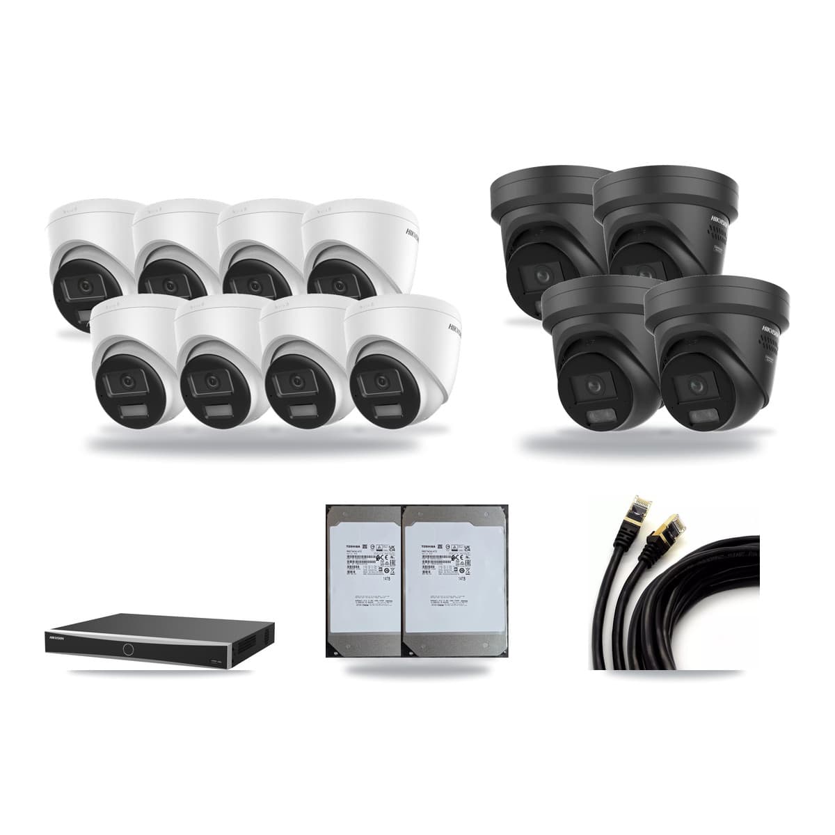Hikvision 16-Channel 4K CCTV Kit — 8 DS-2CD1383G2 + 4 Black DS-2CD2387G3 Turret Cameras + 2× 14TB Recording (DS-7616NXI Recorder) - Image 1