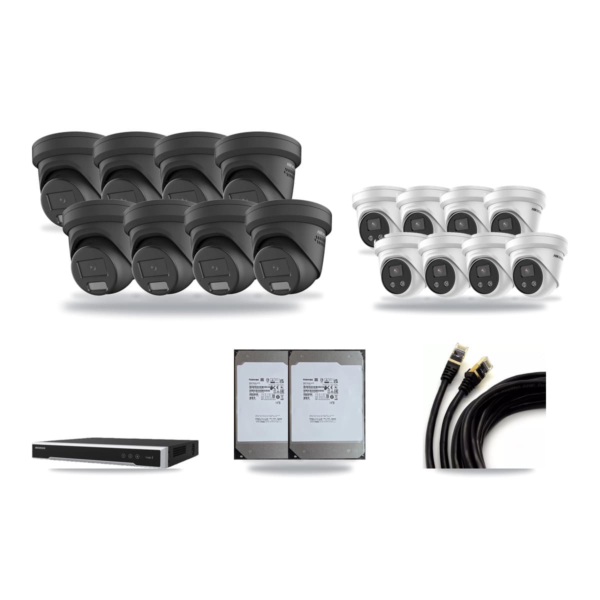 Hikvision 16-Channel 4MP – 5MP CCTV Kit — 8 Black 4MP + 8 5MP Turret Cameras + 2× 14TB Recording (DS-7616NI-M2 Recorder) - Image 1