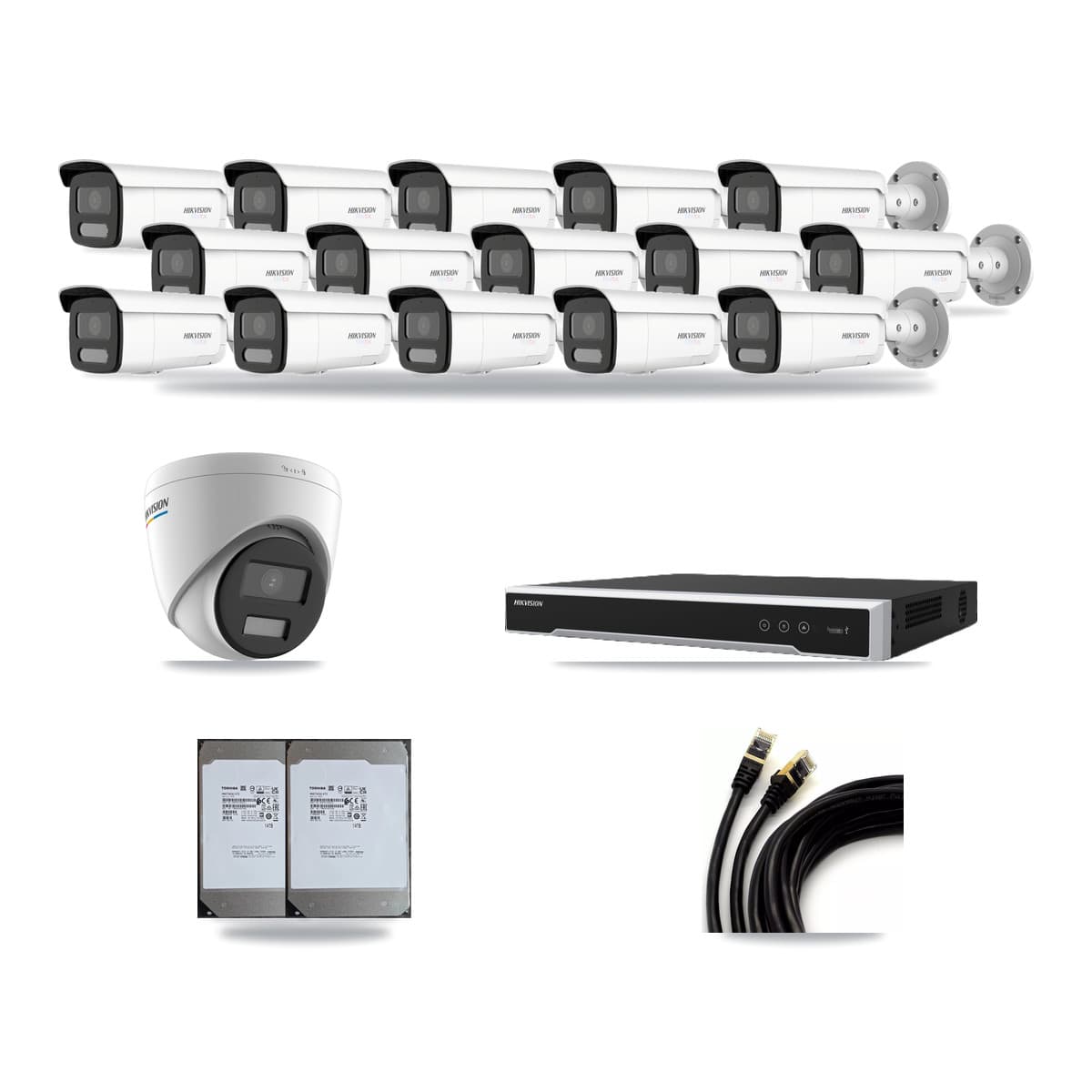 Hikvision 16-Channel 2MP – 4K CCTV Kit — 1 2MP Turret + 15 White 4K Bullet Cameras + 2× 14TB Recording (DS-7616NI-M2 Recorder) - Image 1