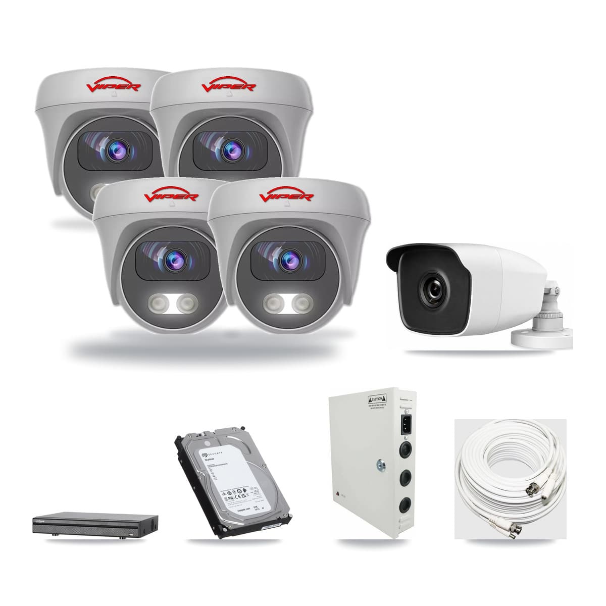 8-Channel 3MP – 5MP CCTV Kit — 1 3MP Bullet + 4 White 5MP Cameras + 6TB Recording (DH-XVR5108H Recorder) - Image 1