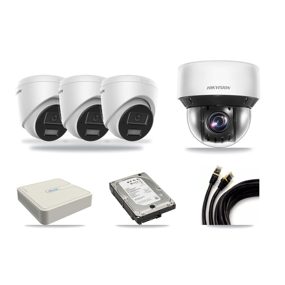 Hikvision & HiLook 8-Channel 4MP CCTV Kit — 3 DS-2CD1343G2 Turret + 1 DS-2DE4A425IW PTZ Cameras + 5TB Recording - Image 1