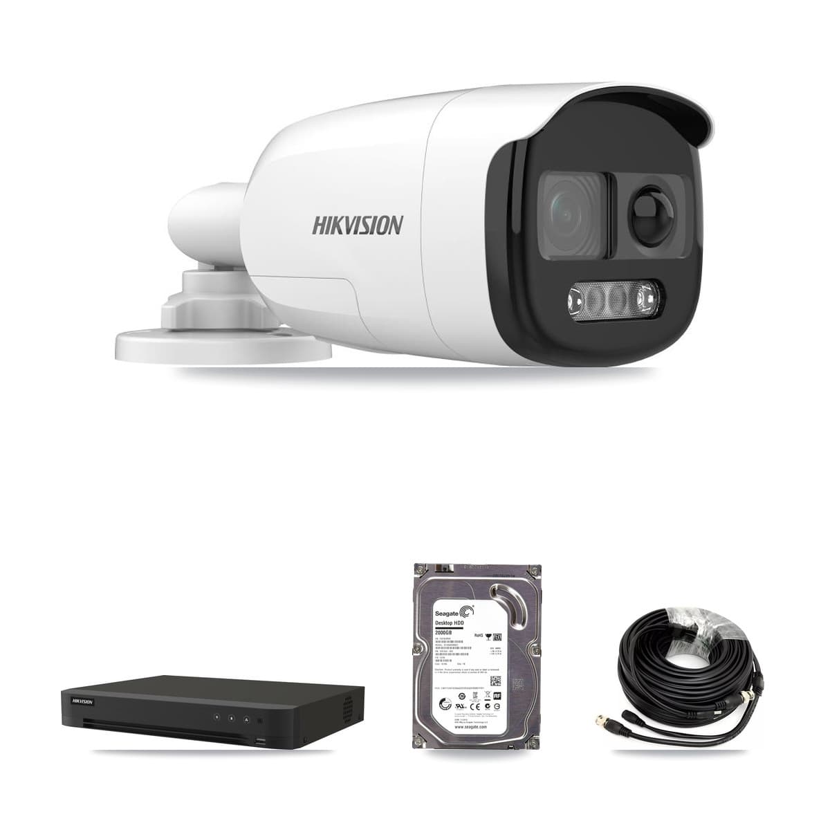Hikvision 8-Channel 5MP CCTV Kit — 4 DS-2CE12KF3T-PIRXO Bullet Cameras + 2TB Recording (IDS-7208HUHI-M1/XT Recorder) - Image 1