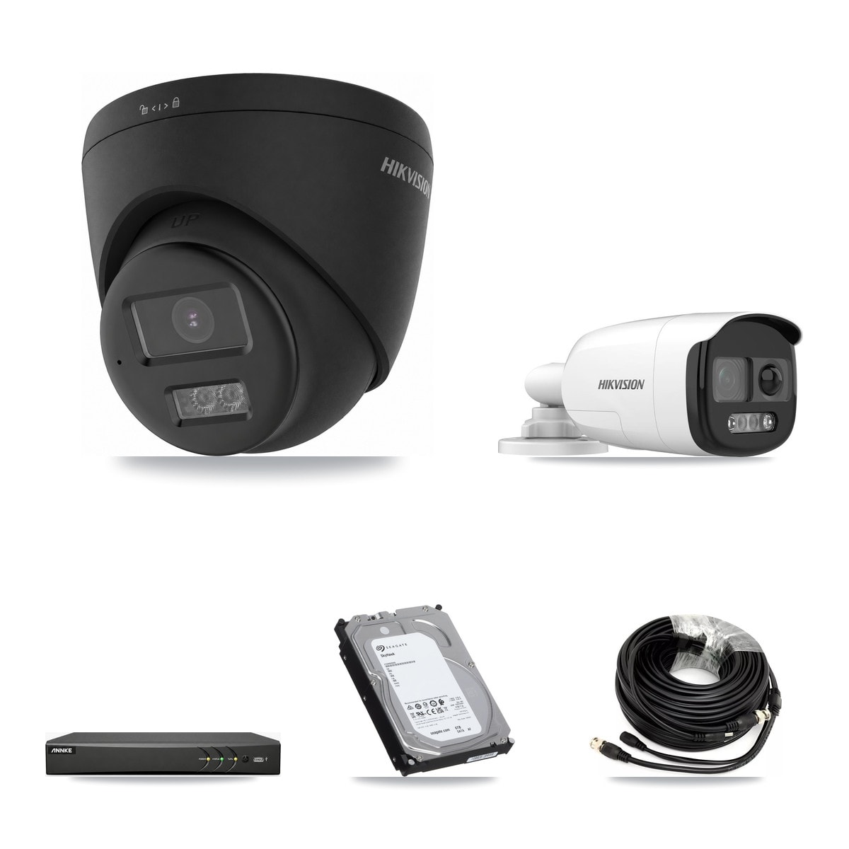 Hikvision & ANNKE 4-Channel 5MP – 4K CCTV Kit — 1 5MP Bullet + 2 Black 4K Turret Cameras + 6TB Recording