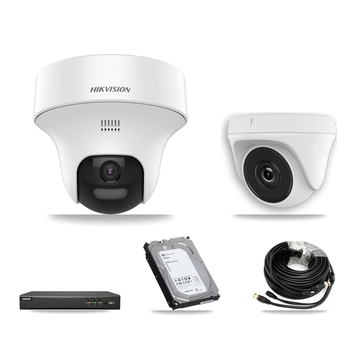 Hikvision & ANNKE 4-Channel 2MP – 5MP CCTV Kit — 2 DS-2CE70K0T 5MP Turret + 2 White HDT-2MP-N20W 2MP Dome Cameras + 6TB Recording