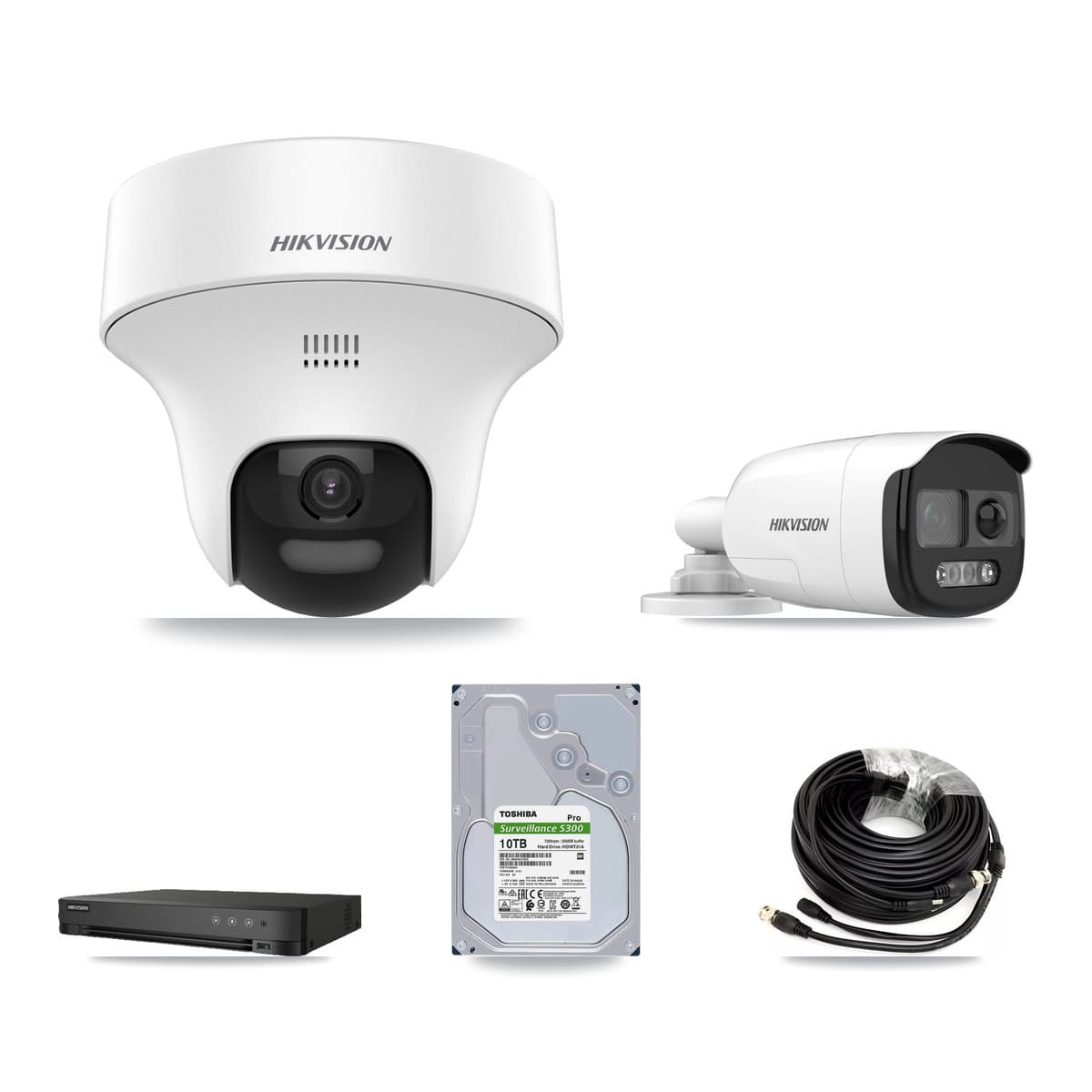 Hikvision 8-Channel 5MP CCTV Kit — 1 DS-2CE12KF3T-PIRXO Bullet + 6 DS-2CE70K0T-PTLTS Turret Cameras + 10TB Recording (IDS-7208HUHI-M1/E Recorder)