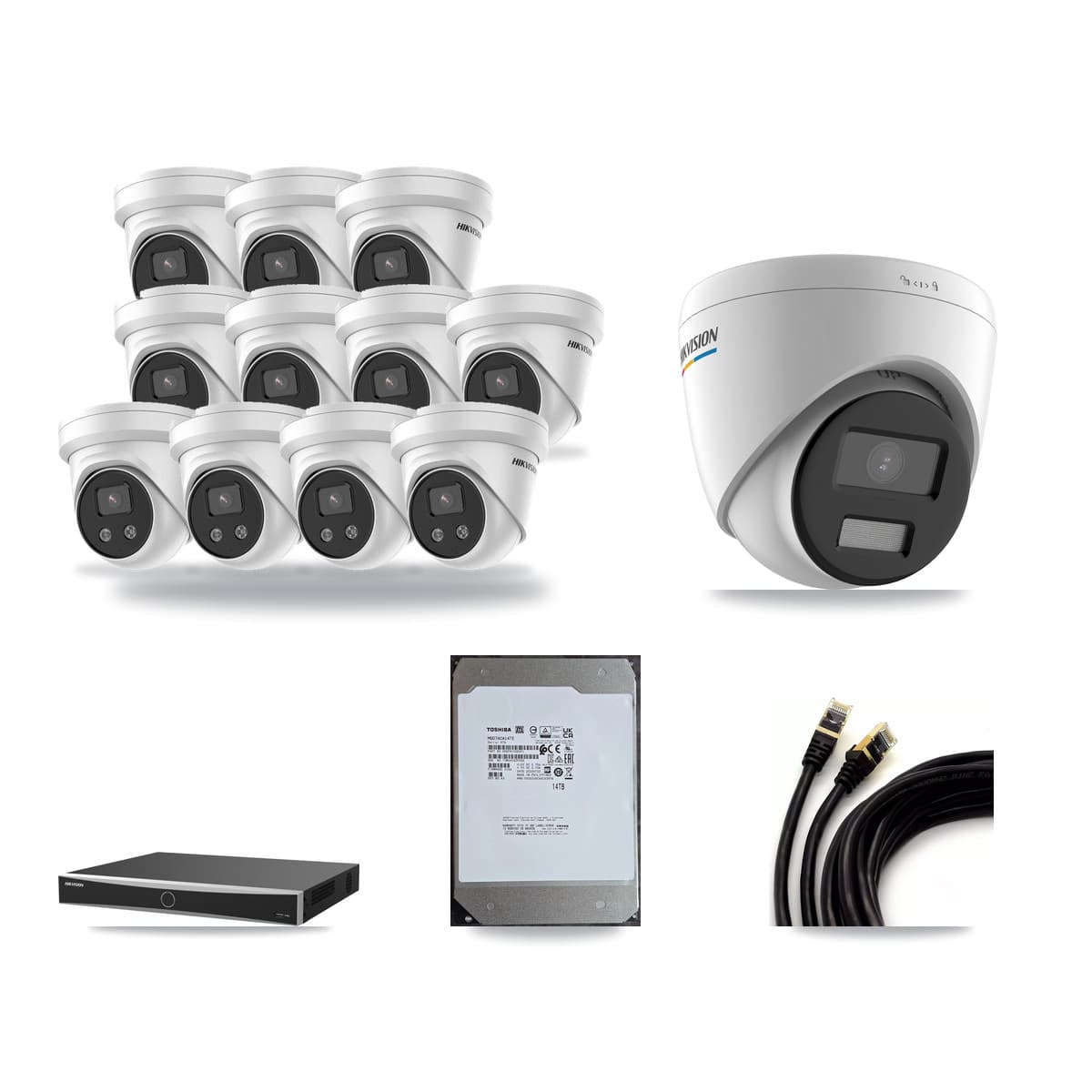 Hikvision 16-Channel 2MP – 5MP CCTV Kit — 1 2MP + 11 5MP Turret Cameras + 14TB Recording (DS-7616NXI Recorder) - Image 1