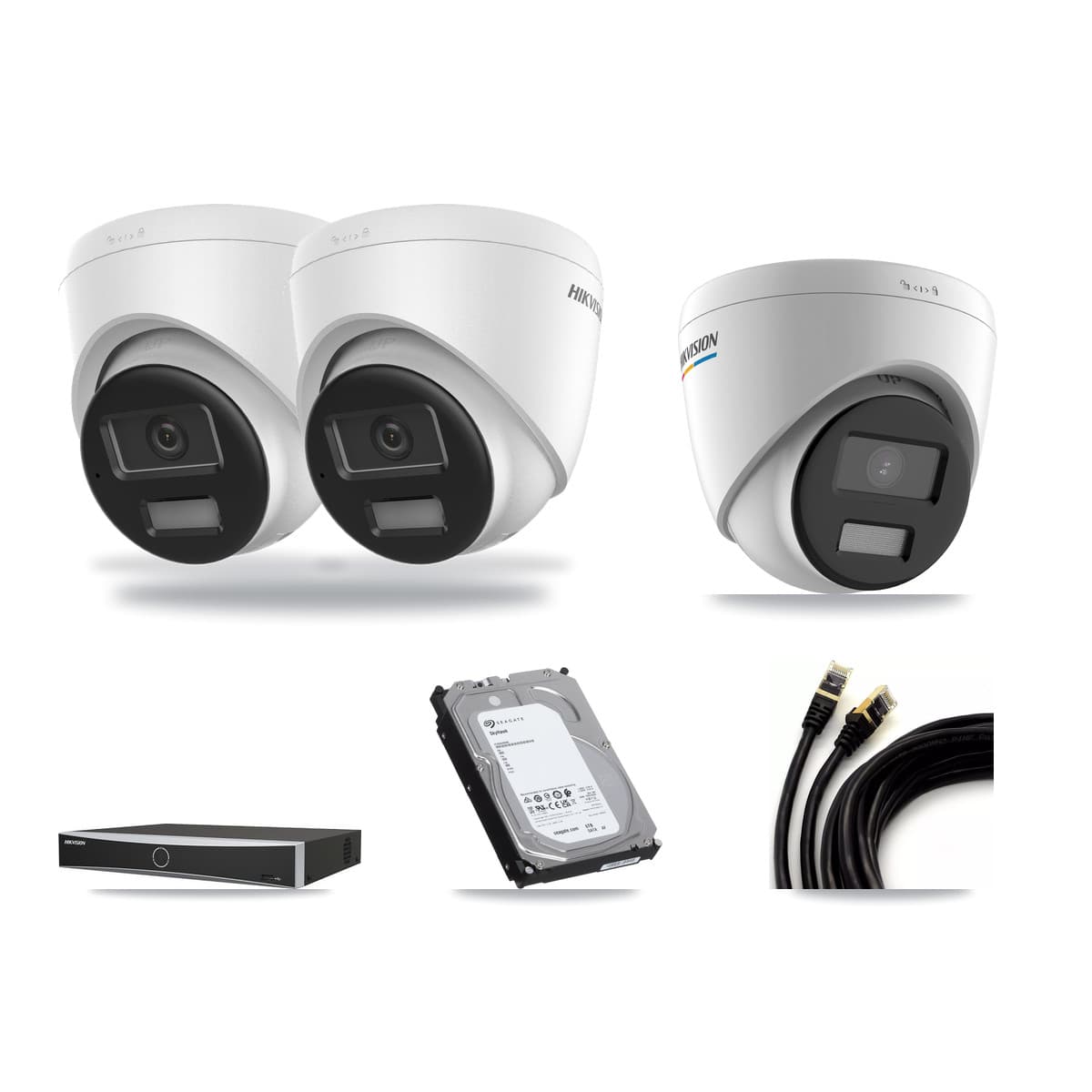 Hikvision 4-channel CCTV kit: 3 cameras (2× 4K Turret + 1× 2MP Turret), 6TB hard drive