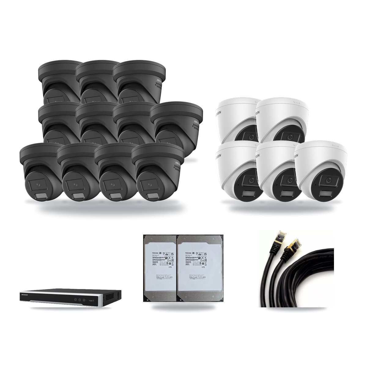 Hikvision 16-Channel 4MP CCTV Kit — 5 DS-2CD1343G2 + 11 Black DS-2CD2347G2 Turret Cameras + 2× 14TB Recording (DS-7616NI-M2 Recorder) - Image 1