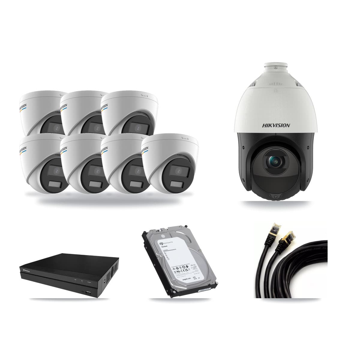 Hikvision & Prolux 8-Channel 2MP – 4MP CCTV Kit — 7 2MP Turret + 1 4MP PTZ Cameras + 6TB Recording - Image 1