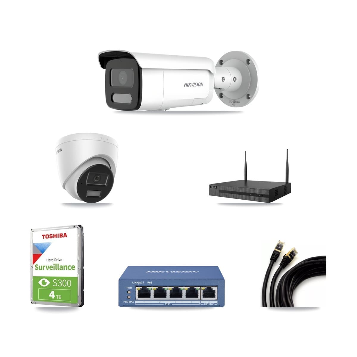 Hikvision & HiLook 4-Channel 4MP CCTV Kit — 1 Turret + 2 Bullet Cameras + 4TB Recording