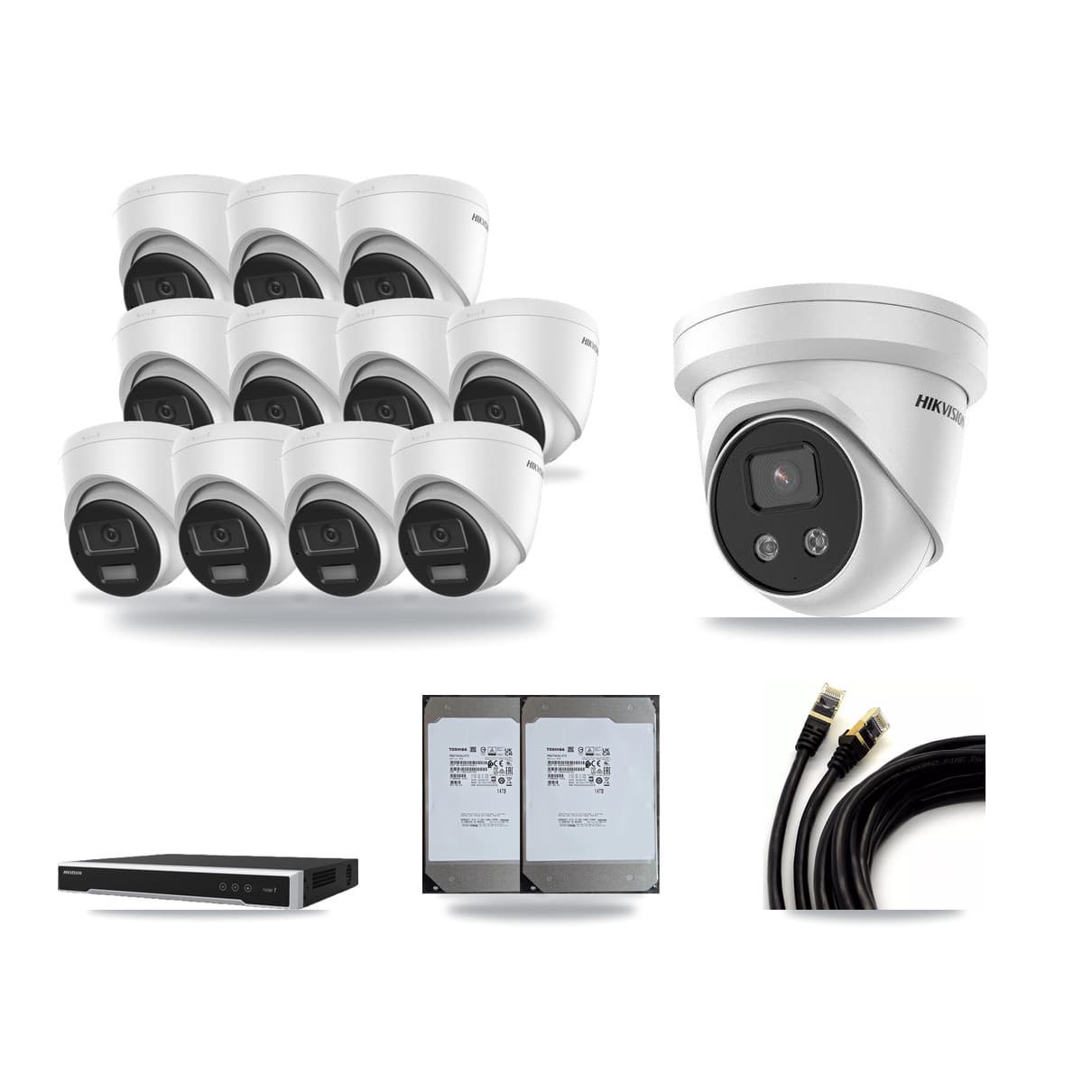 Hikvision 16-Channel 5MP – 4K CCTV Kit — 11 DS-2CD1383G2-LIU 4K + 1 DS-2CD3356G2-ISU 5MP Turret Cameras + 2× 14TB Recording (DS-7616NI-M2/16P Recorder) - Image 1