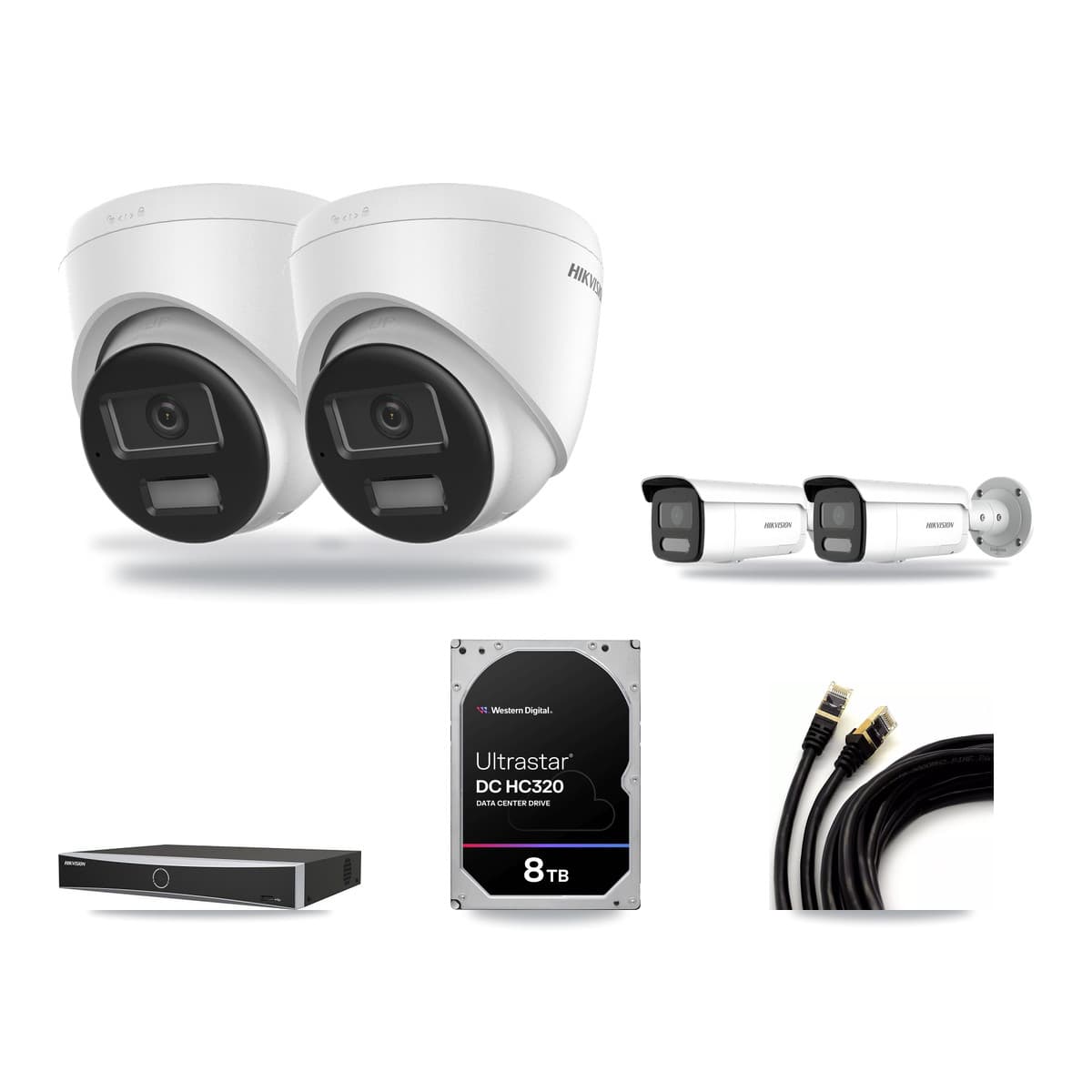 Hikvision 4-Channel 4MP – 4K CCTV Kit — 2 DS-2CD1383G2-LIU 4K Turret + 2 DS-2CD2T47G2H-LISU/SL 4MP Bullet Cameras + 8TB Recording (DS-7604NXI-K1/4P Recorder) - Image 1