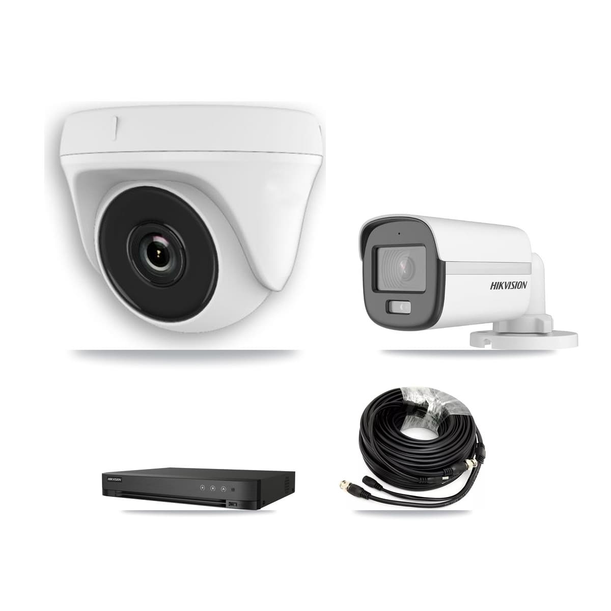 Hikvision 4-Channel 2MP – 5MP CCTV Kit — 1 DS-2CE12KF0T 5MP Bullet + 3 White HDT-2MP-N20W 2MP Dome Cameras + 3TB Recording (IDS-7204HQHI Recorder)