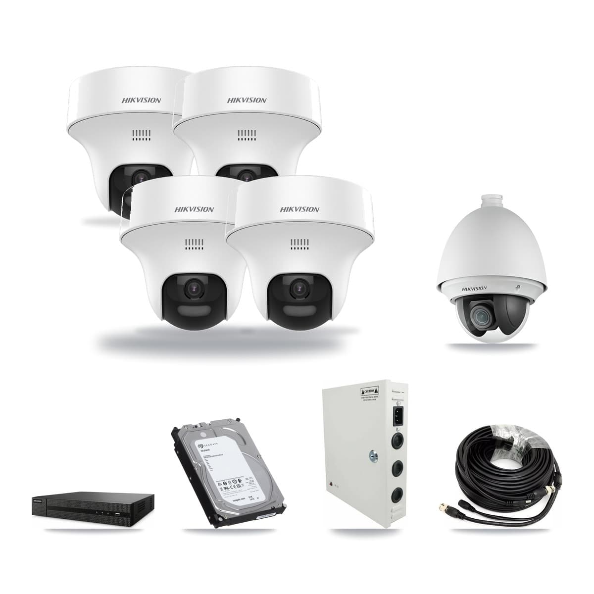 Hikvision 8-Channel 2MP – 5MP CCTV Kit — 1 DS-2AE4225T 2MP PTZ + 4 DS-2CE70K0T 5MP Turret Cameras + 6TB Recording (DVR-8CH Recorder) - Image 1
