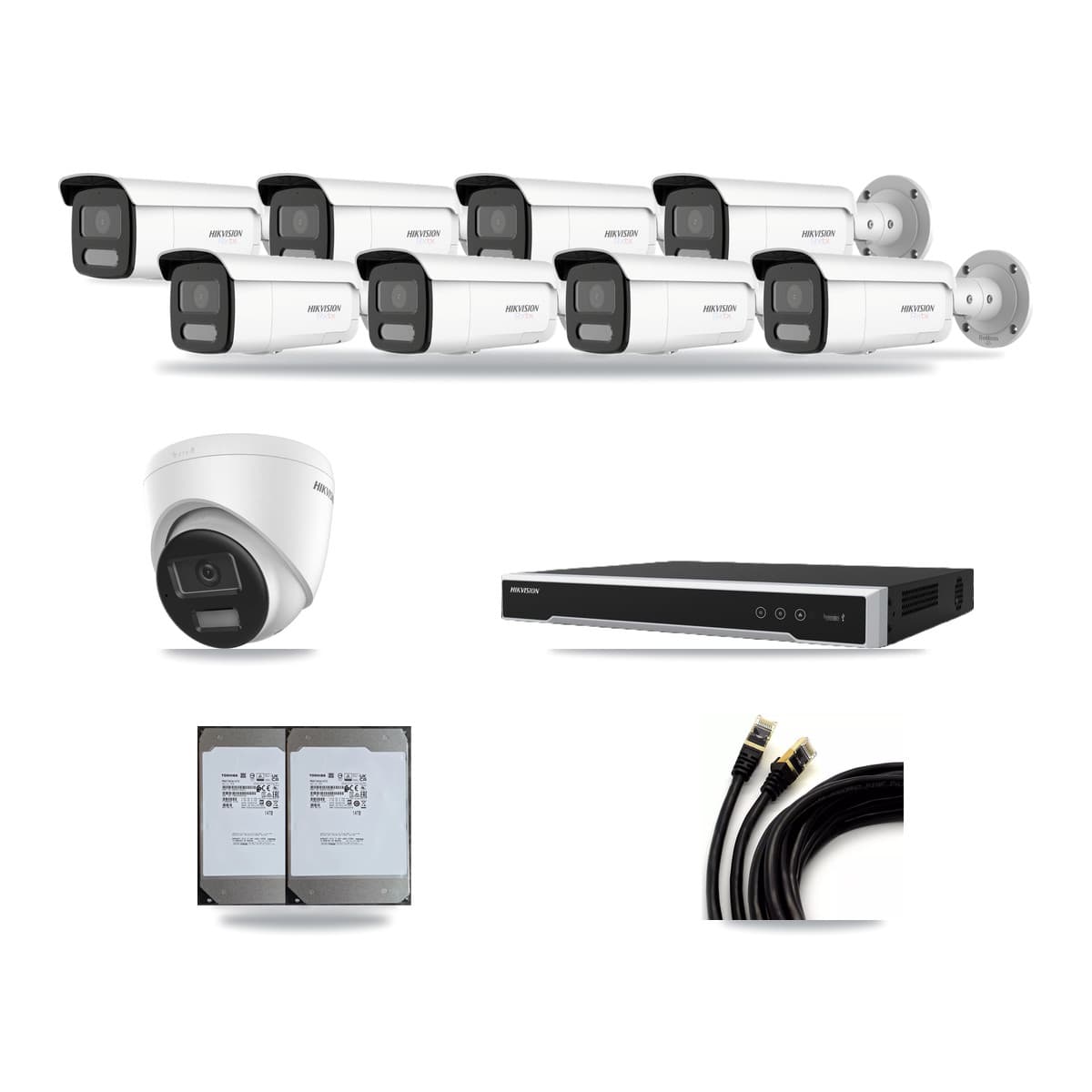 Hikvision 16-Channel 4K CCTV Kit — 1 DS-2CD1383G2-LIUF/SL Turret + 8 White DS-2CD2T87G2H-LISU/SL-2.8MM-W Bullet Cameras + 2× 14TB Recording (DS-7616NI-M2/16P Recorder) - Image 1