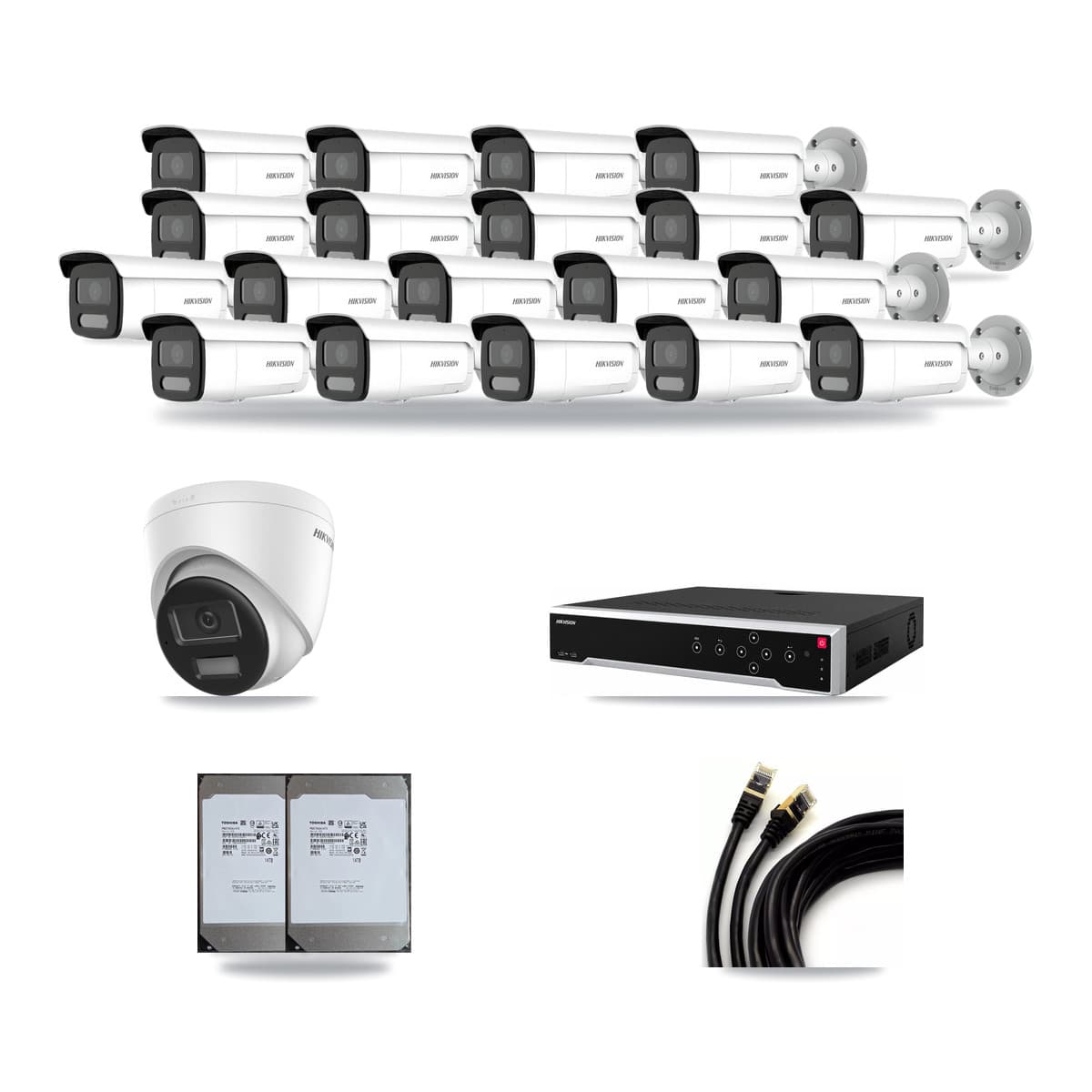 Hikvision 32-Channel 4MP – 4K CCTV Kit — 1 DS-2CD1383G2-LIU 4K Turret + 19 DS-2CD2T47G2H-LISU/SL 4MP Bullet Cameras + 2× 14TB Recording (DS-7732NI-M4/24P Recorder) - Image 1