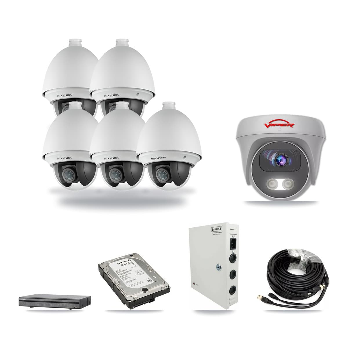 8-Channel 2MP – 5MP CCTV Kit — 5 2MP PTZ + 1 White 5MP Cameras + 5TB Recording (DH-XVR5108H Recorder) - Image 1