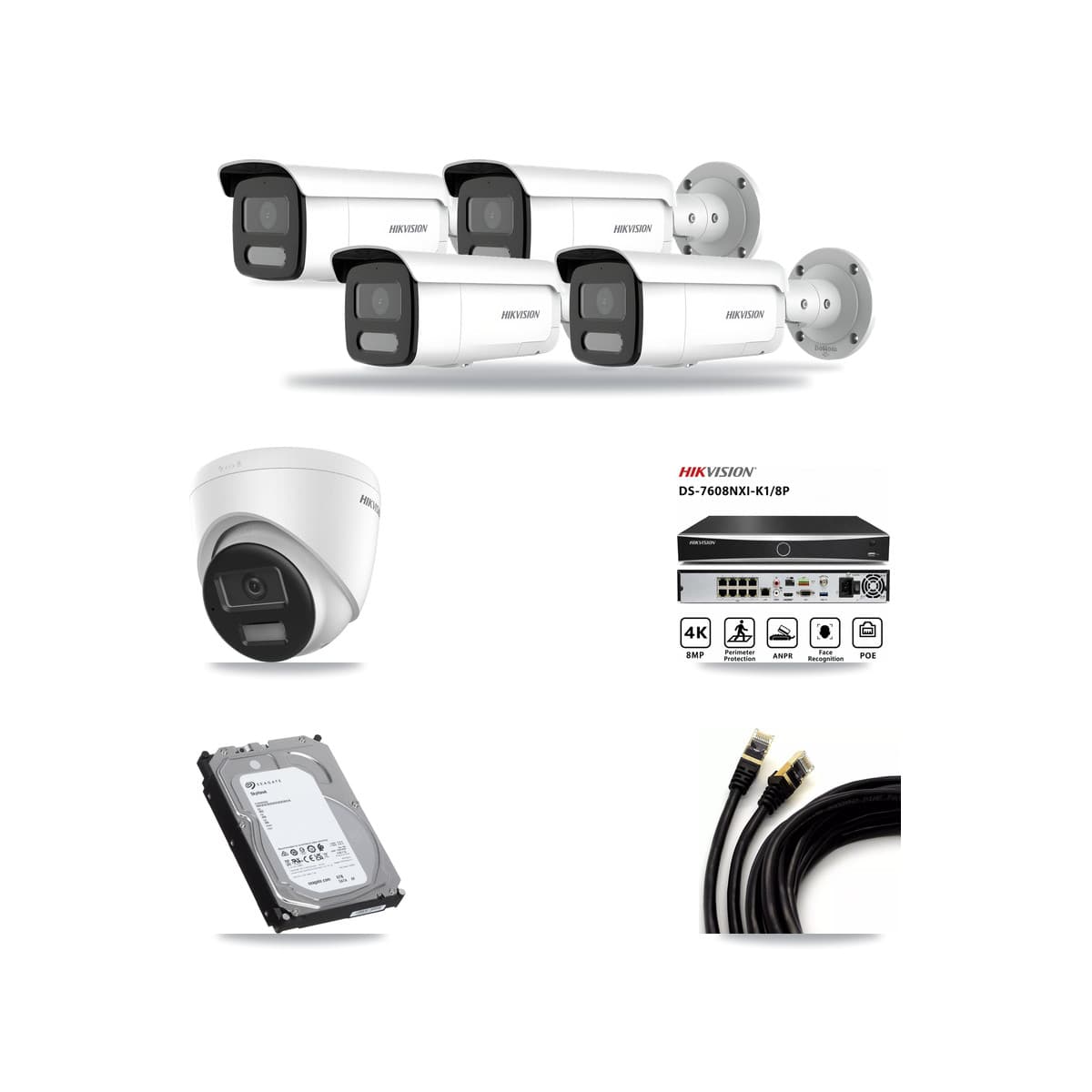 Hikvision 8-Channel 4MP – 4K CCTV Kit — 1 DS-2CD1383G2-LIUF/SL 4K Turret + 4 DS-2CD2T47G2H-LISU/SL 4MP Bullet Cameras + 6TB Recording (DS-7608NXI-K1/8P Recorder) - Image 1