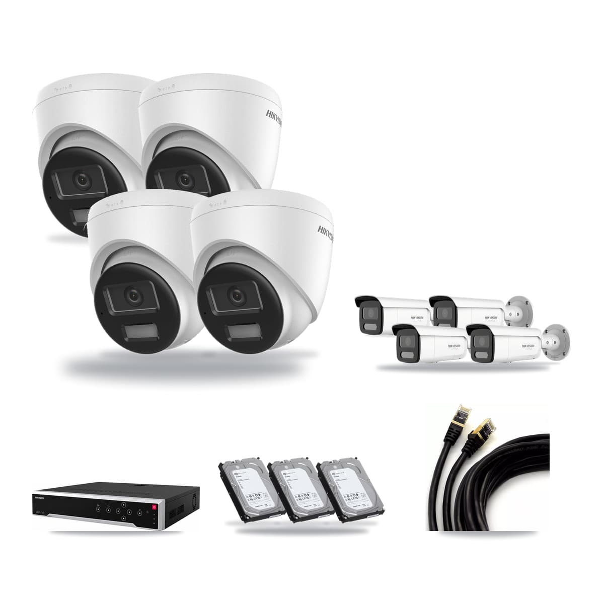 Hikvision 32-Channel 4K CCTV Kit — 4 DS-2CD1383G2-LIU Turret + 4 White DS-2CD2T87G2H-LISU/SL-2.8MM-W Bullet Cameras + 3× 6TB Recording (DS-7732NI-M4/24P Recorder) - Image 1