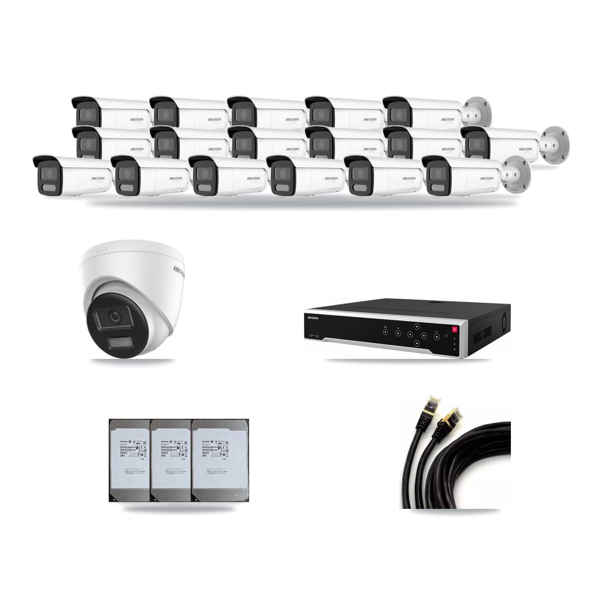 Hikvision 32-Channel 4K CCTV Kit — 1 DS-2CD1383G2-LIUF/SL Turret + 17 White DS-2CD2T87G2H-LISU/SL-2.8MM-W Bullet Cameras + 3× 14TB Recording (DS-7732NI-M4/24P Recorder) - Image 1