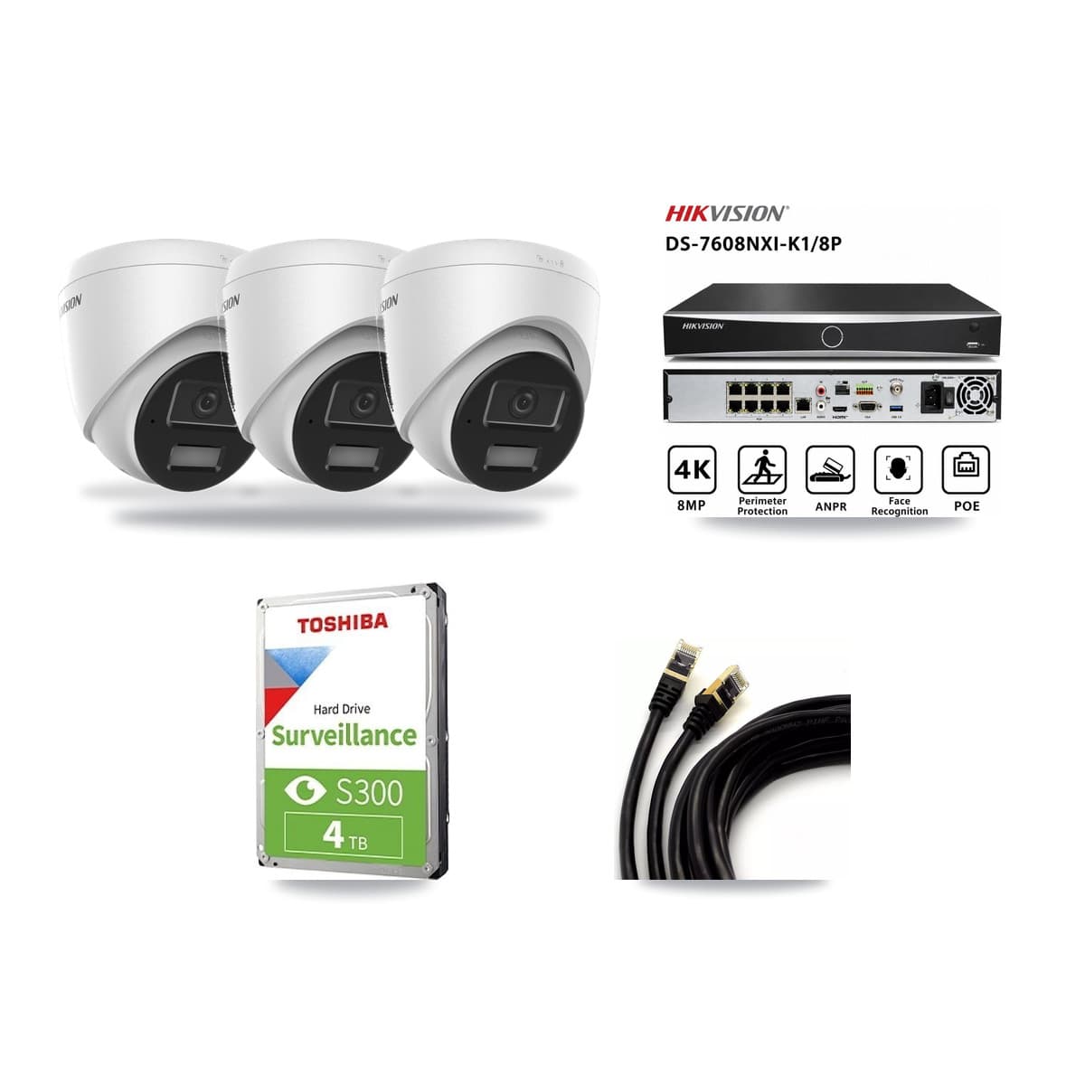 Hikvision 8-Channel 4MP CCTV Kit — 3 DS-2CD1343G2 Turret Cameras + 4TB Recording (DS-7608NXI Recorder) - Image 1