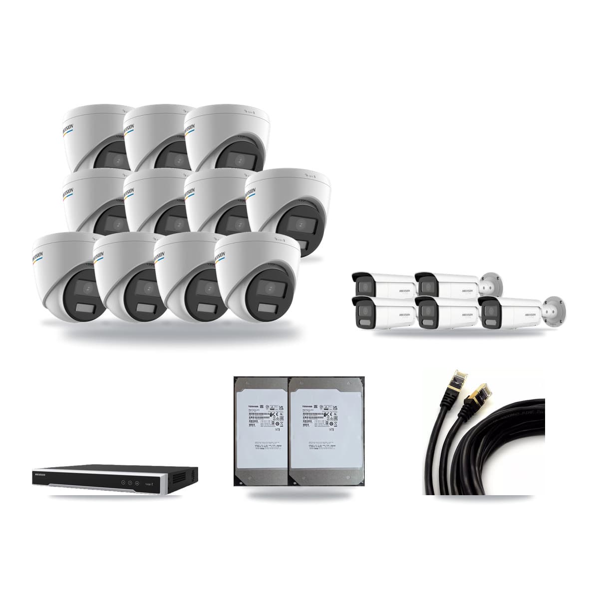 Hikvision 16-Channel 2MP – 4K CCTV Kit — 11 2MP Turret + 5 White 4K Bullet Cameras + 2× 14TB Recording (DS-7616NI-M2 Recorder) - Image 1