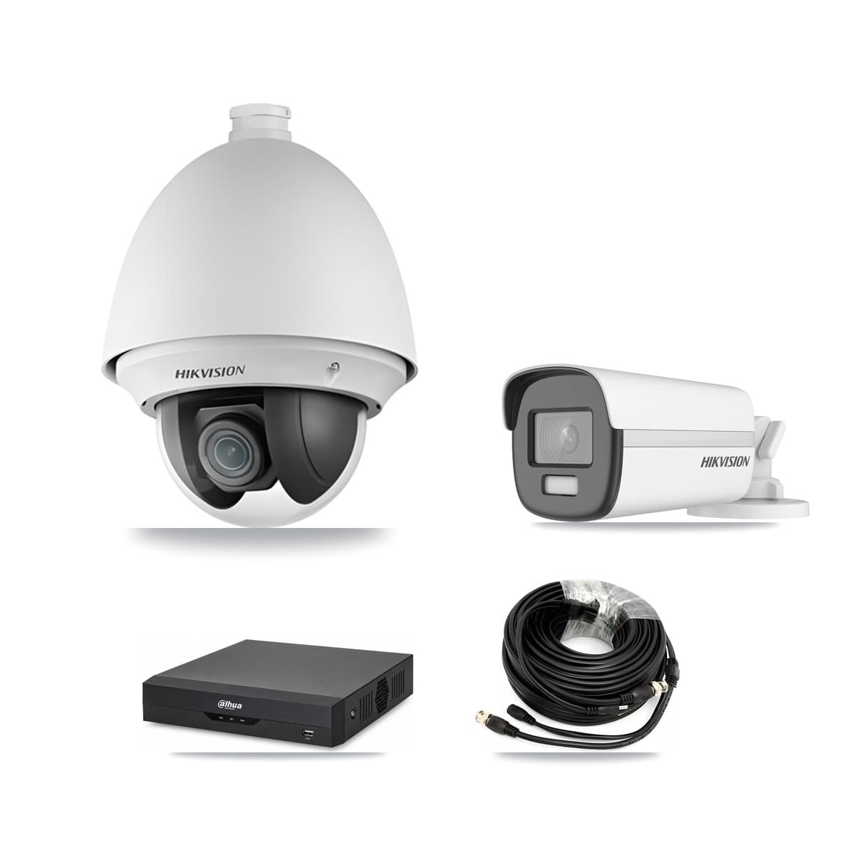 Hikvision & Dahua 4-Channel 2MP – 4K CCTV Kit — 1 DS-2AE4225T 2MP PTZ + 1 DS-2CE12UF3T 4K Bullet Cameras + 3TB Recording
