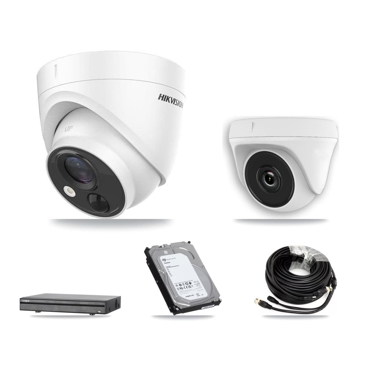 Hikvision & Dahua 8-Channel 2MP – 5MP CCTV Kit — 3 DS-2CE71H0T 5MP Turret + 3 White HDT-2MP-N20W 2MP Dome Cameras + 6TB Recording (DH-XVR5108H Recorder) - Image 1
