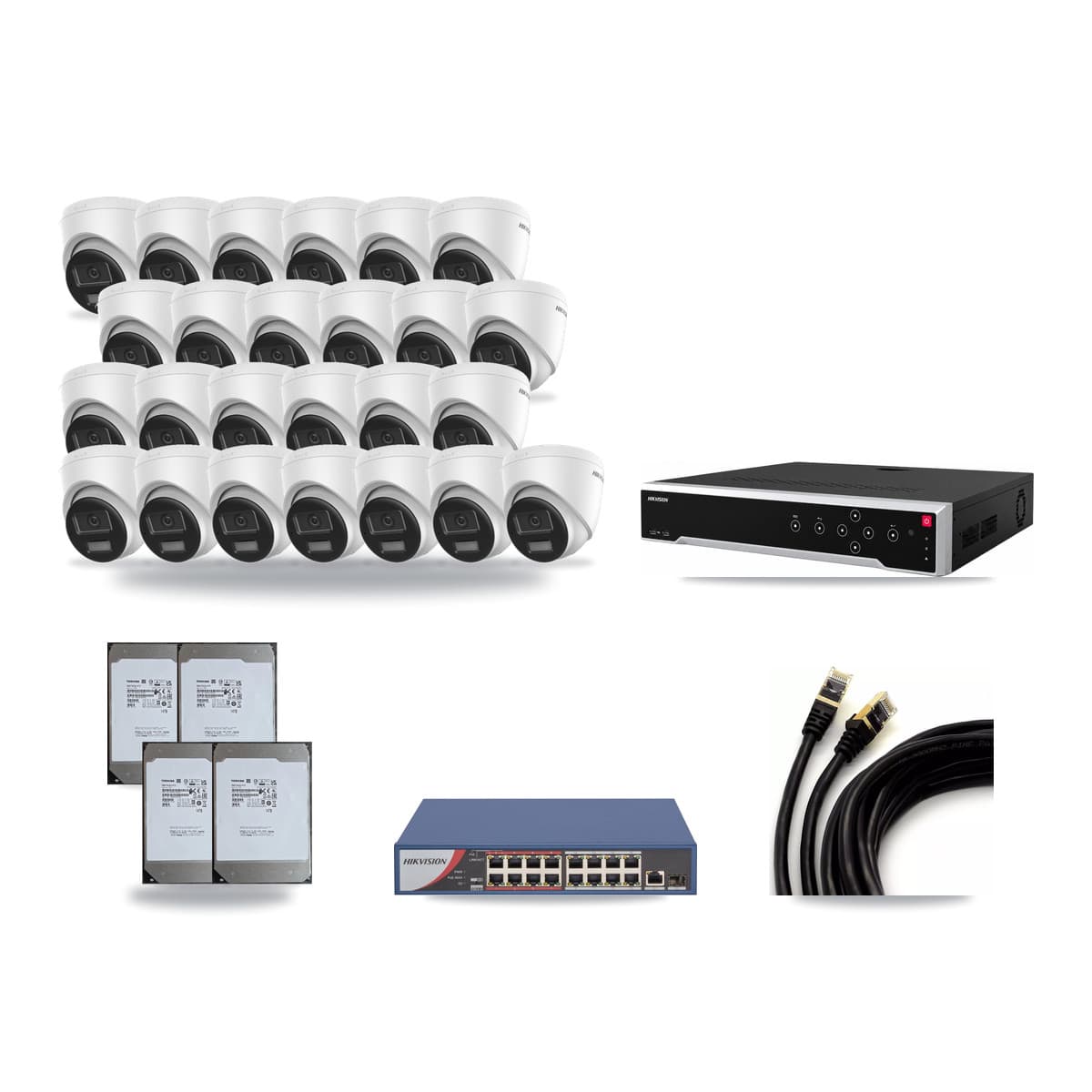 Hikvision 32-Channel 4K CCTV Kit — 25 DS-2CD1383G2-LIUF/SL Turret Cameras + 4× 14TB Recording (DS-7732NI-M4/24P Recorder) - Image 1