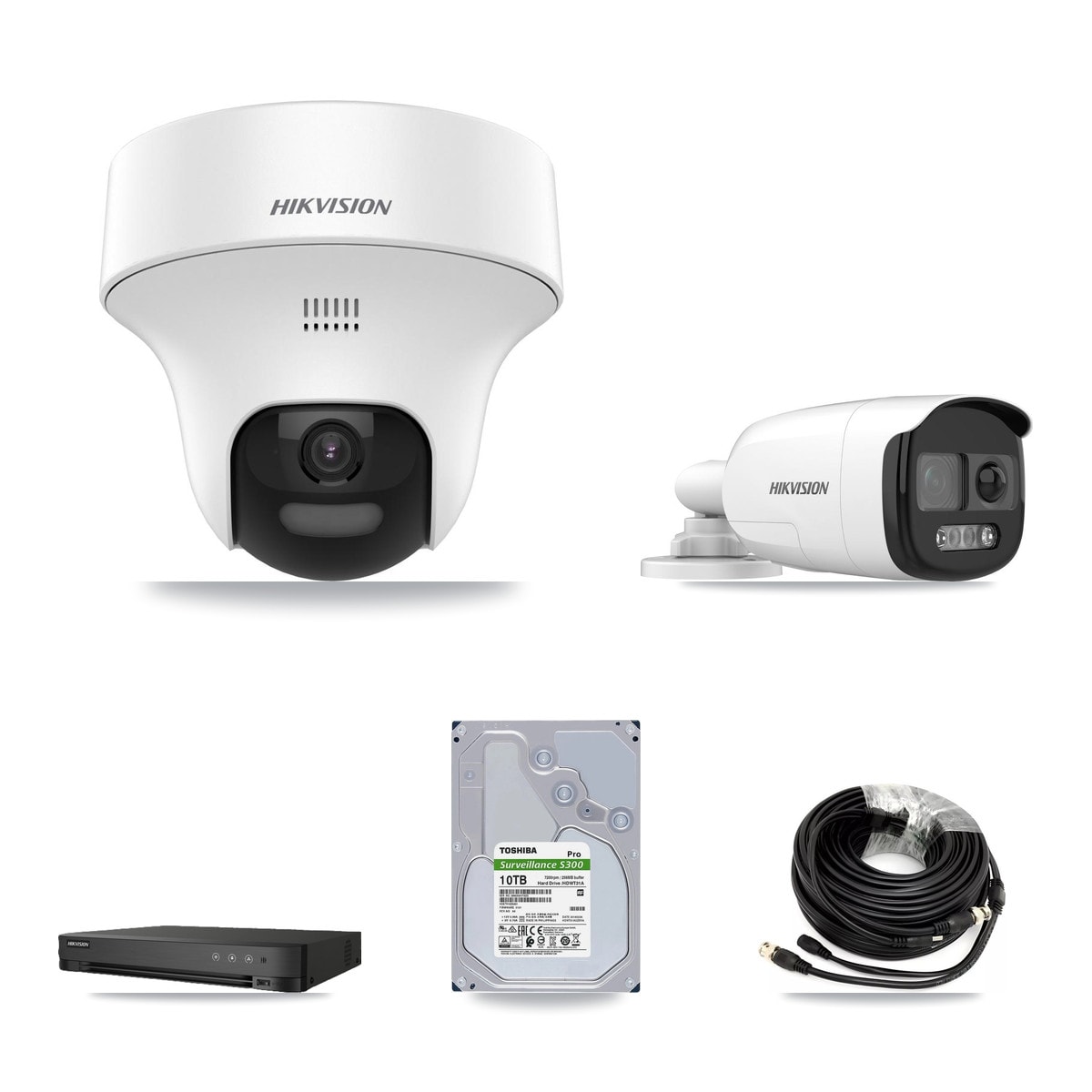 Hikvision 8-Channel 5MP CCTV Kit — 1 DS-2CE12KF3T-PIRXO Bullet + 6 DS-2CE70K0T-PTLTS Turret Cameras + 10TB Recording (IDS-7208HUHI-M1/E Recorder) - Image 1