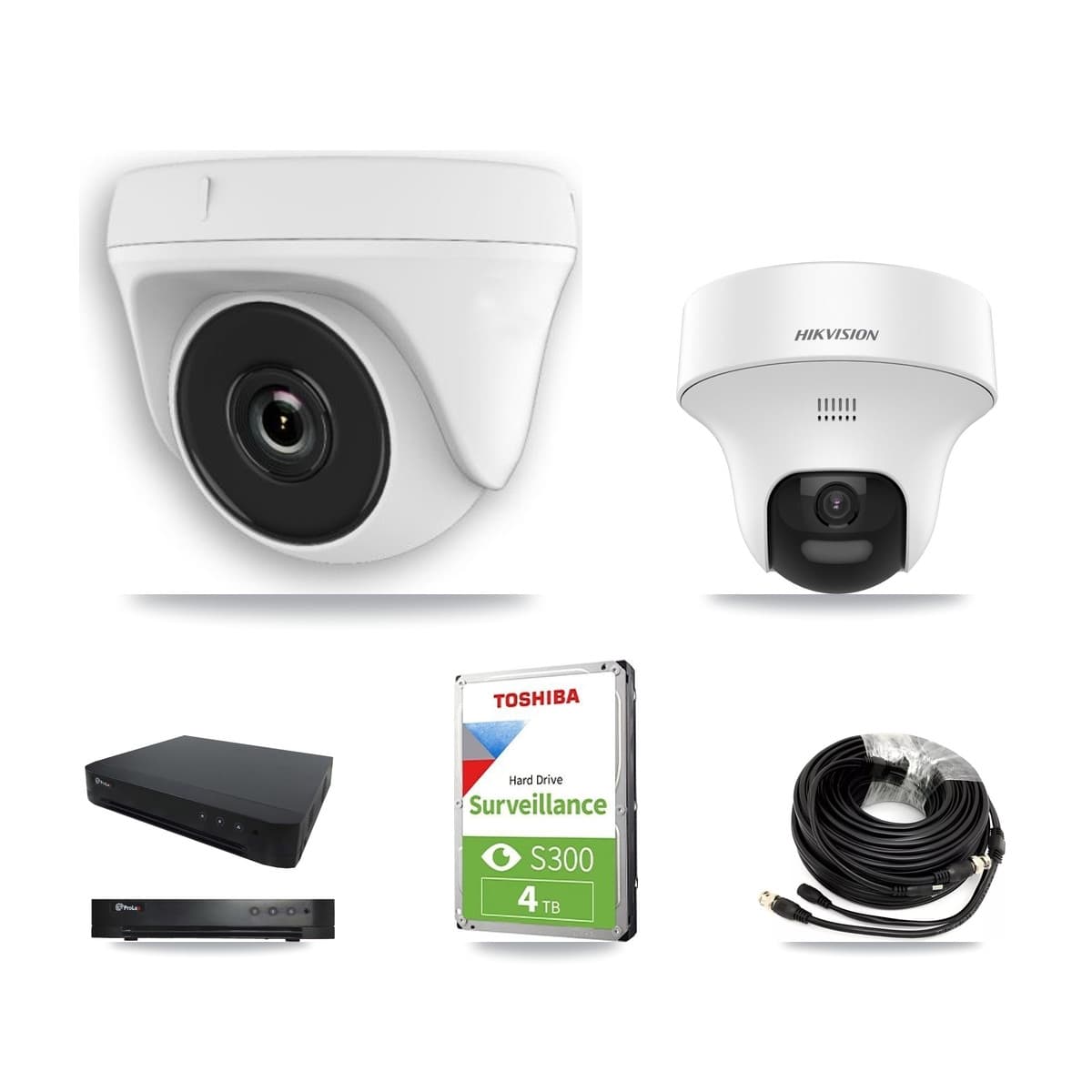 Hikvision & Prolux 16-Channel 2MP – 5MP CCTV Kit — 1 DS-2CE70K0T 5MP Turret + 4 White HDT-2MP-N20W 2MP Dome Cameras + 4TB Recording