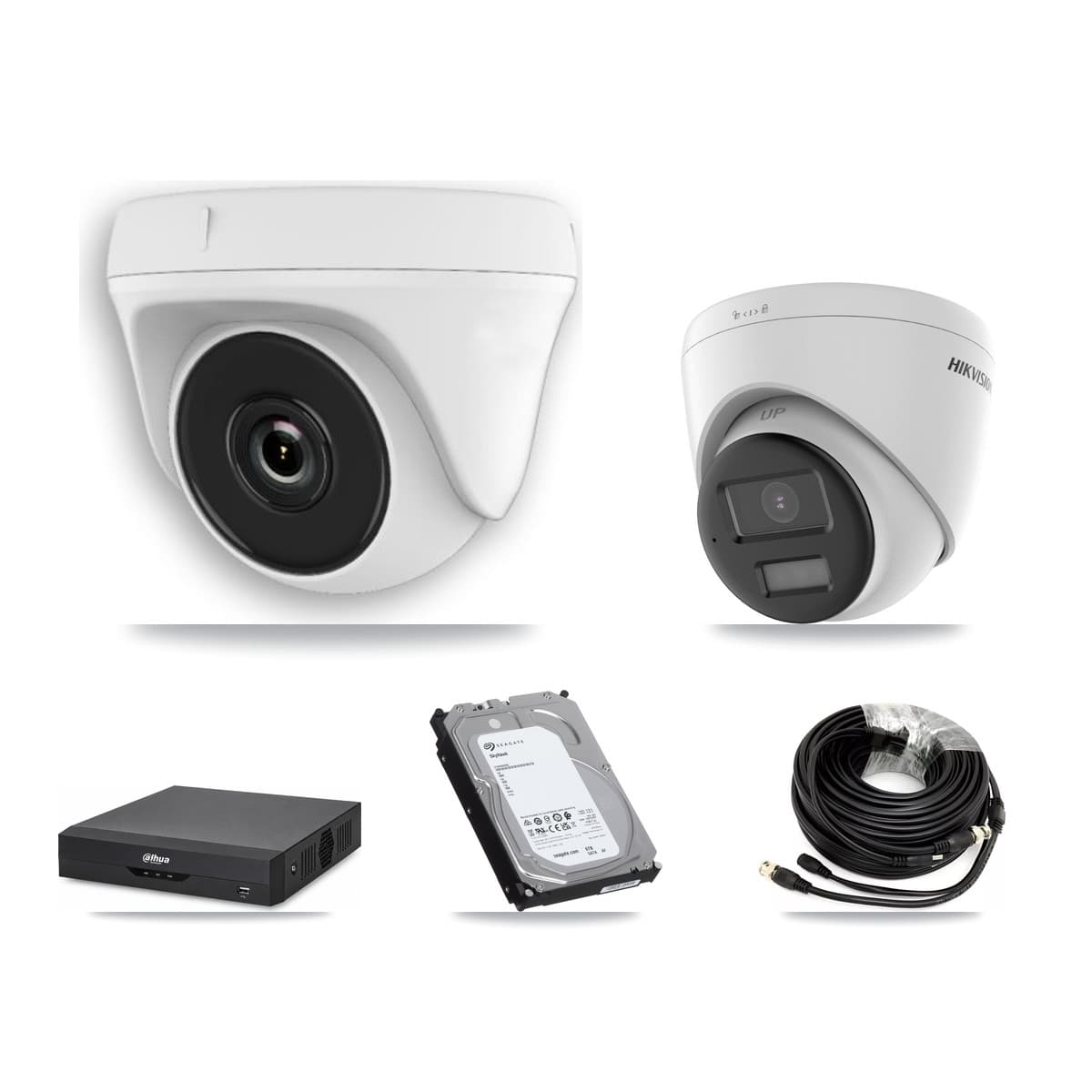 Hikvision & Dahua 4-Channel 2MP – 4K CCTV Kit — 1 4K Turret + 2 White 2MP Dome Cameras + 6TB Recording