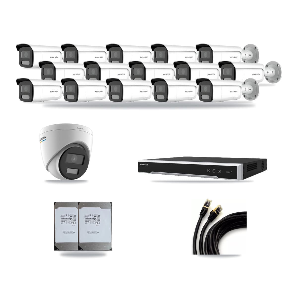 Hikvision 16-Channel 2MP – 4MP CCTV Kit — 1 2MP Turret + 15 4MP Bullet Cameras + 2× 14TB Recording (DS-7616NI-M2 Recorder) - Image 1