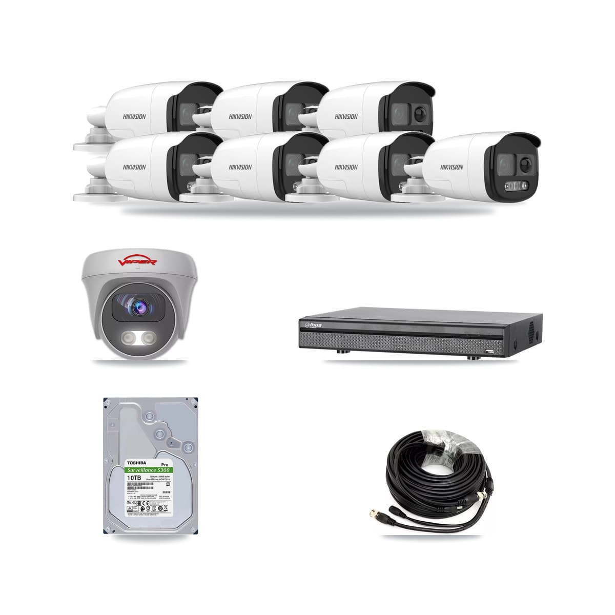 8-Channel 5MP CCTV Kit — 7 DS-2CE12KF3T Bullet + 1 White VIPER-5MP-3K Cameras + 10TB Recording (DH-XVR5108H Recorder) - Image 1