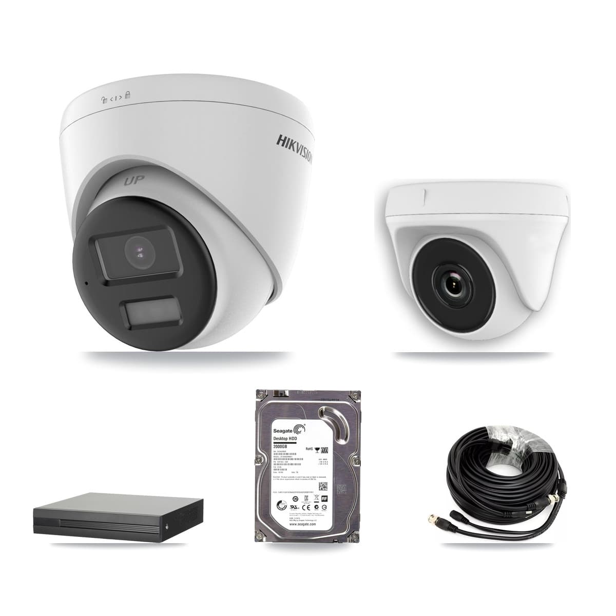 Hikvision 16-Channel 2MP – 5MP CCTV Kit — 1 DS-2CE78K0T-LPTS 5MP Turret + 1 White HDT-2MP-N20W-2.8MM 2MP Dome Cameras + 2TB Recording (XVR-3116HS-5MP-LITE Recorder)