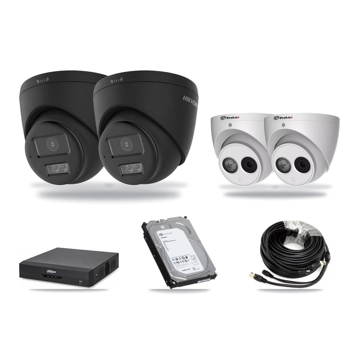 4-Channel 4MP – 4K CCTV Kit — 2 Black 4K + 2 4MP Turret Cameras + 6TB Recording (DH-XVR5104HS Recorder) - Image 1