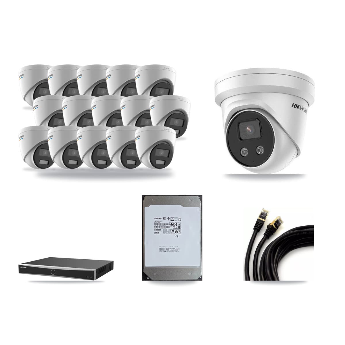 Hikvision 16-Channel 2MP – 5MP CCTV Kit — 15 2MP + 1 5MP Turret Cameras + 14TB Recording (DS-7616NXI Recorder) - Image 1