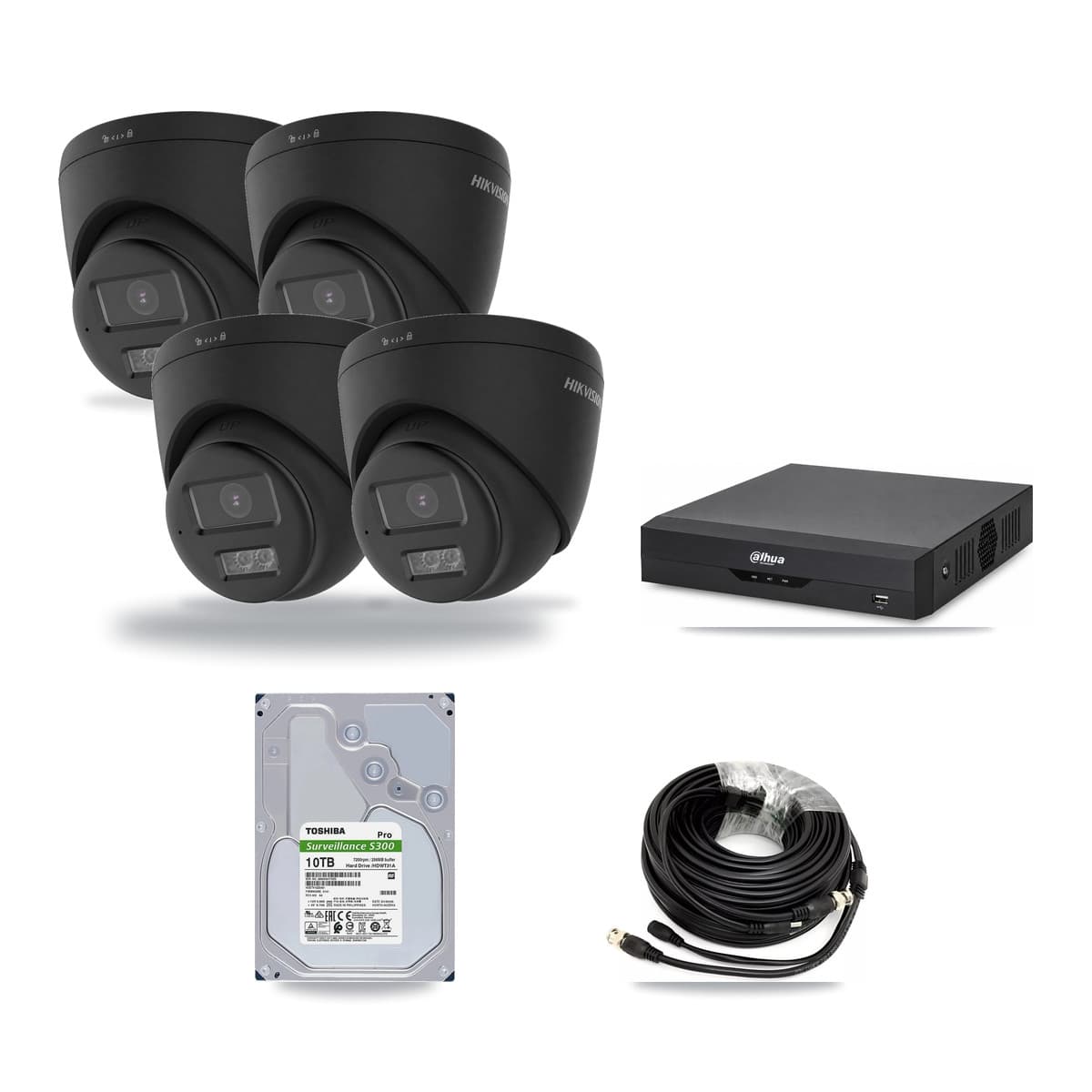 Hikvision & Dahua 4-Channel 4K CCTV Kit — 4 Black Turret Cameras + 10TB Recording - Image 1
