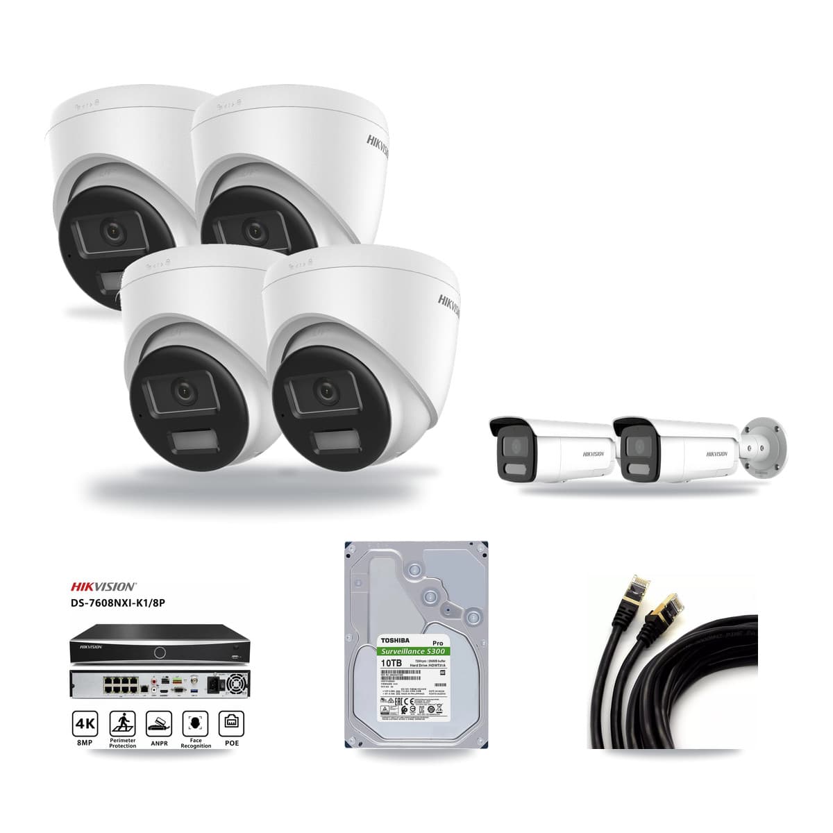 Hikvision 8-Channel 4MP – 4K CCTV Kit — 4 DS-2CD1383G2-LIU 4K Turret + 2 DS-2CD2T47G2H-LISU/SL 4MP Bullet Cameras + 10TB Recording (DS-7608NXI-K1/8P Recorder) - Image 1
