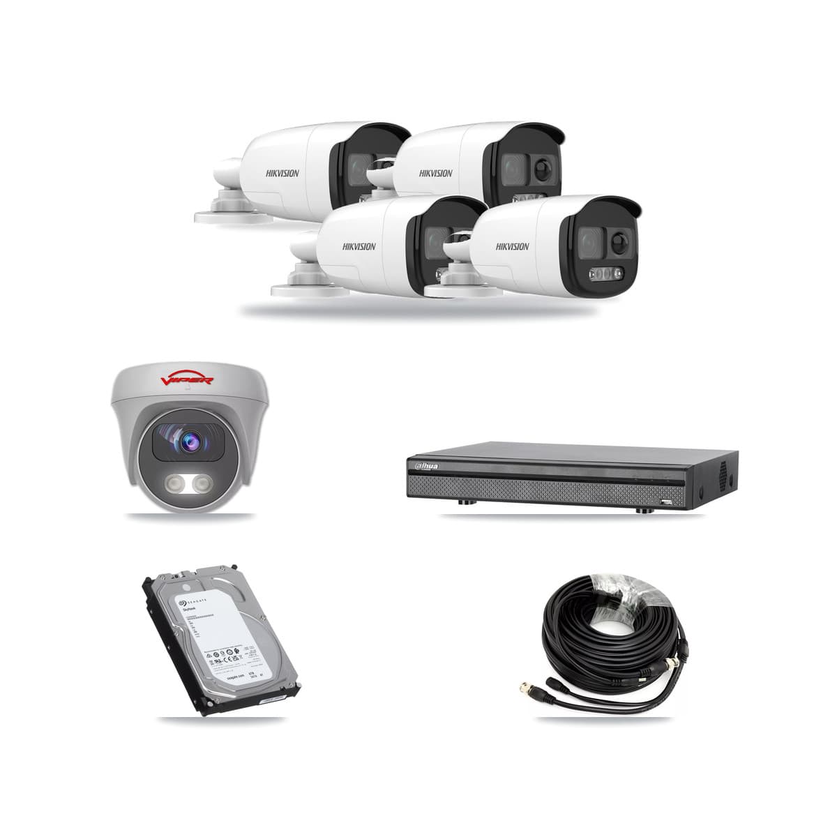 8-Channel 5MP CCTV Kit — 4 DS-2CE12KF3T Bullet + 1 White VIPER-5MP-3K Cameras + 6TB Recording (DH-XVR5108H Recorder) - Image 1