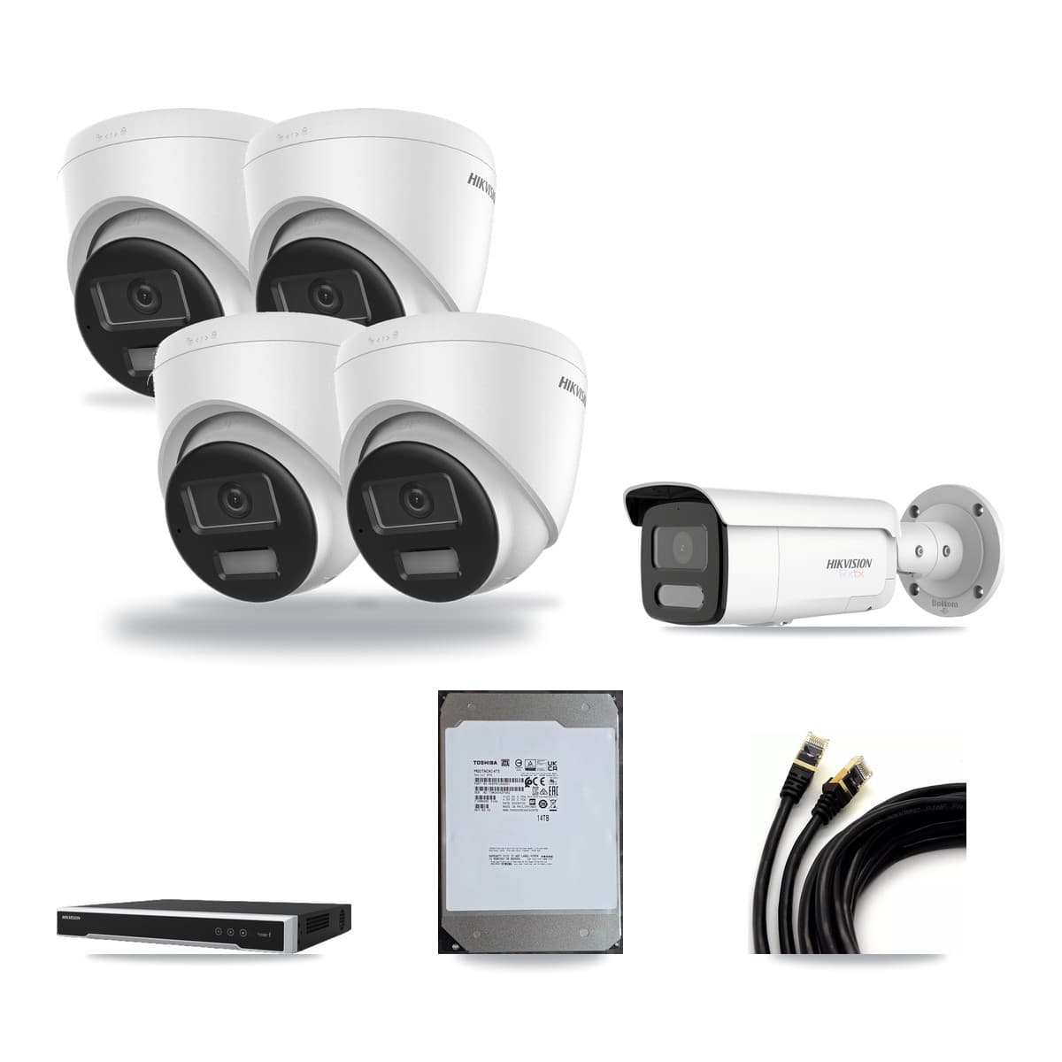 Hikvision 8-Channel 4K CCTV Kit — 4 DS-2CD1383G2-LIU Turret + 1 White DS-2CD2T87G2H-LISU/SL-2.8MM-W Bullet Cameras + 14TB Recording (DS-7608NI-M2/8P Recorder) - Image 1
