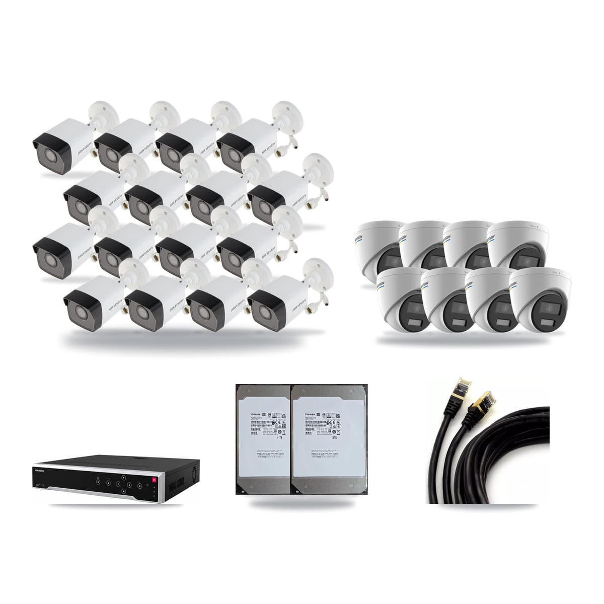 Hikvision 32-Channel 2MP – 5MP CCTV Kit — 16 5MP Bullet + 8 2MP Turret Cameras + 2× 14TB Recording - Image 1