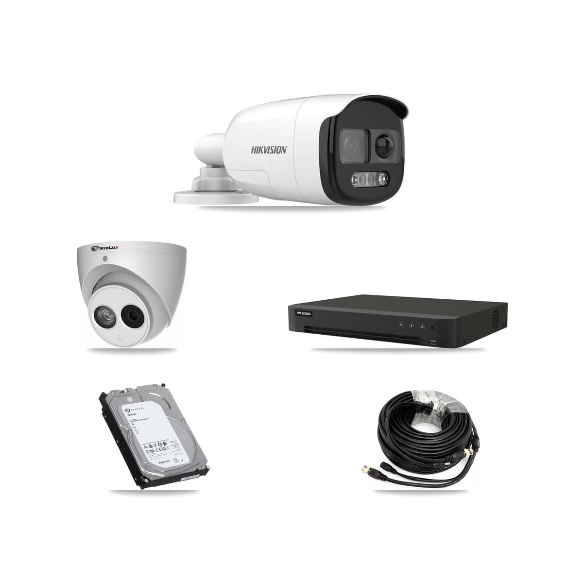 Hikvision & Prolux 8-Channel 4MP – 5MP CCTV Kit — 4 DS-2CE12KF3T-PIRXO 5MP Bullet + 1 PXC-612C4W-A-POC 4MP Turret Cameras + 6TB Recording (IDS-7208HUHI-M1/XT Recorder)