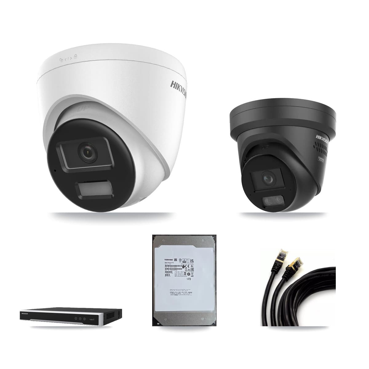 Hikvision 16-Channel 4K CCTV Kit — 4 DS-2CD1383G2 + 2 Black DS-2CD2387G3 Turret Cameras + 14TB Recording (DS-7616NI-M2 Recorder)