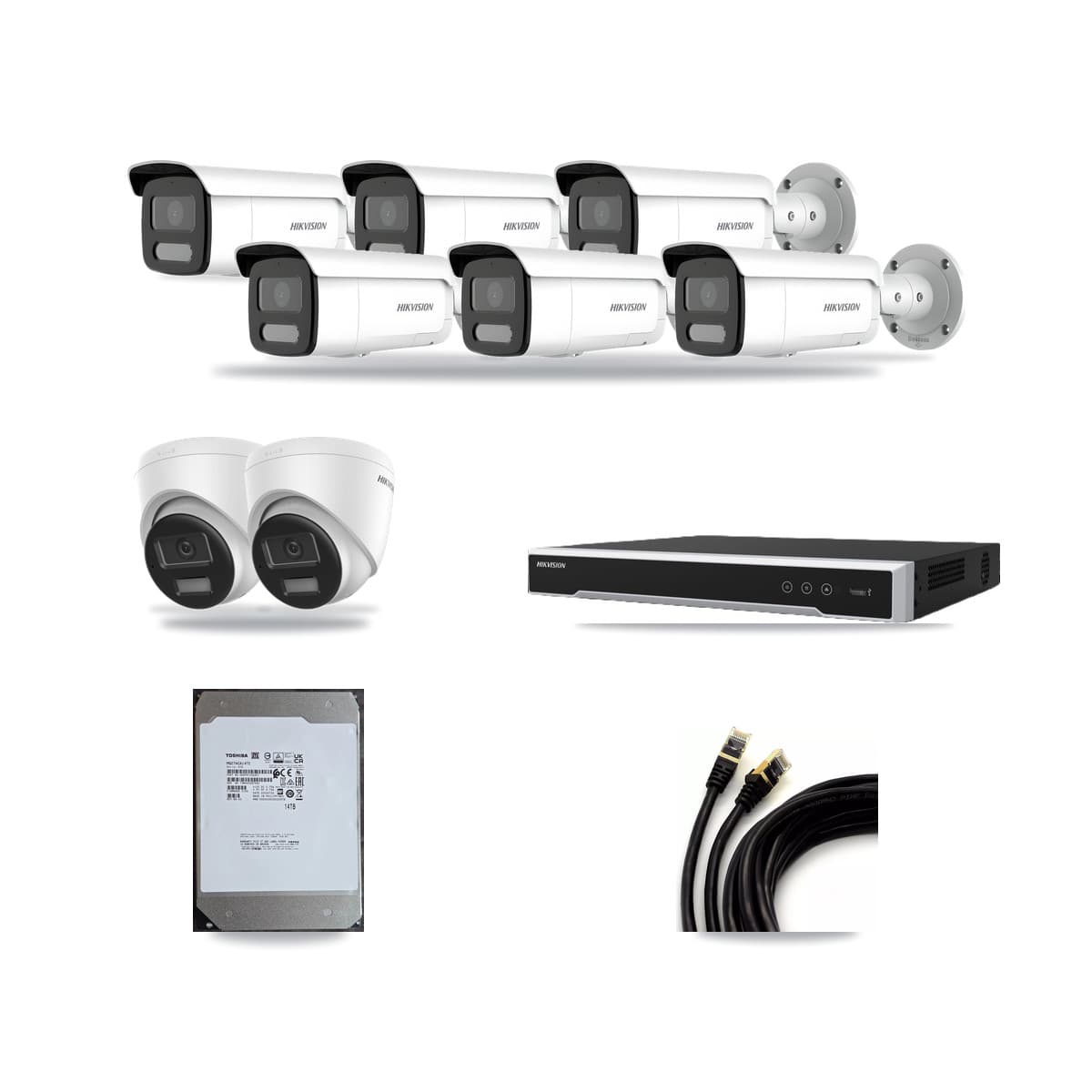 Hikvision 16-Channel 4MP – 4K CCTV Kit — 2 DS-2CD1383G2-LIU 4K Turret + 6 DS-2CD2T47G2H-LISU/SL 4MP Bullet Cameras + 14TB Recording (DS-7616NI-M2/16P Recorder) - Image 1