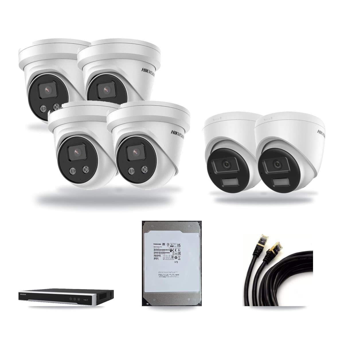 Hikvision 8-Channel 5MP – 4K CCTV Kit — 2 DS-2CD1383G2-LIUF/SL 4K + 4 DS-2CD3356G2-ISU 5MP Turret Cameras + 14TB Recording (DS-7608NI-M2/8P Recorder) - Image 1