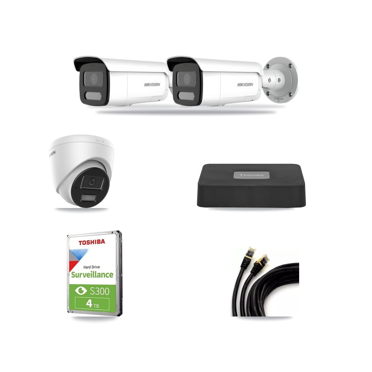 Hikvision & Tiandy 4-Channel 4MP CCTV Kit — 1 DS-2CD1343G2 Turret + 2 DS-2CD2T47G2H Bullet Cameras + 4TB Recording - Image 1