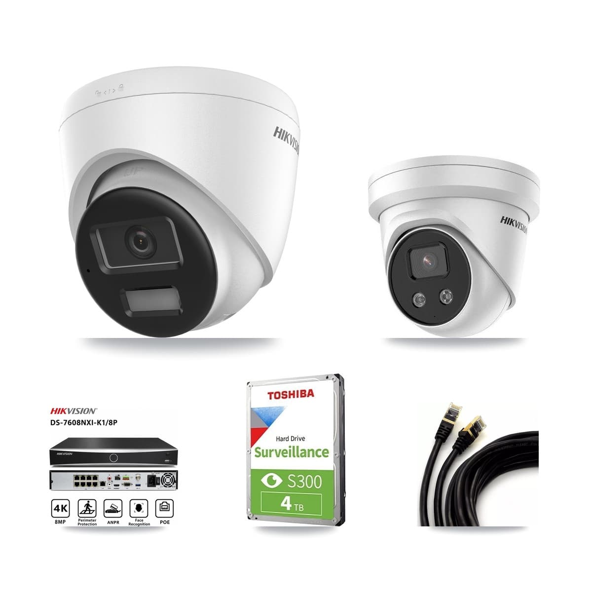 Hikvision 8-Channel 5MP – 4K CCTV Kit — 1 4K + 1 5MP Turret Cameras + 4TB Recording (DS-7608NXI Recorder)