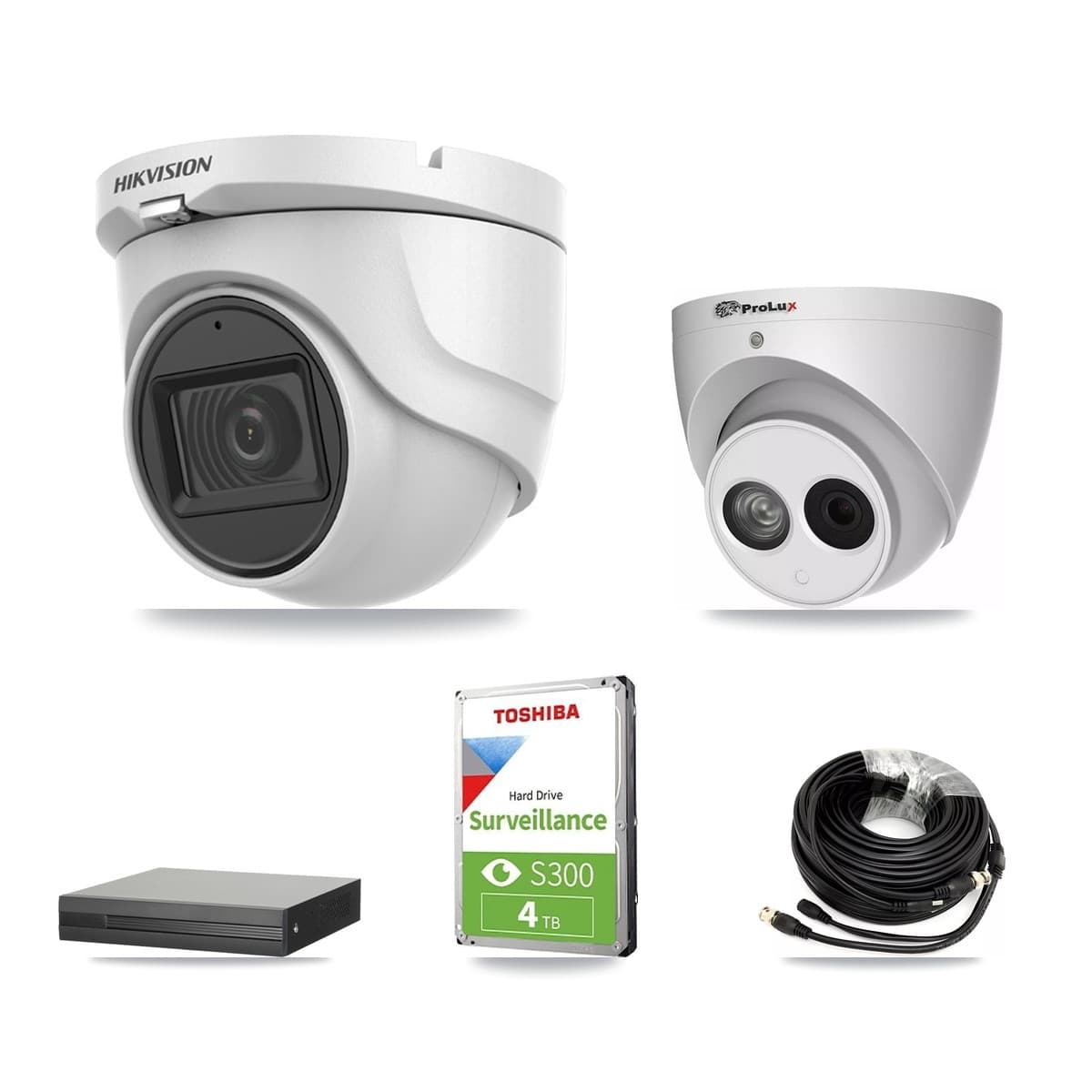 Hikvision & Prolux 4-Channel 4MP – 5MP CCTV Kit — 2 DS-2CE76H0T 5MP + 1 PXC-612C4W-A 4MP Turret Cameras + 4TB Recording - Image 1