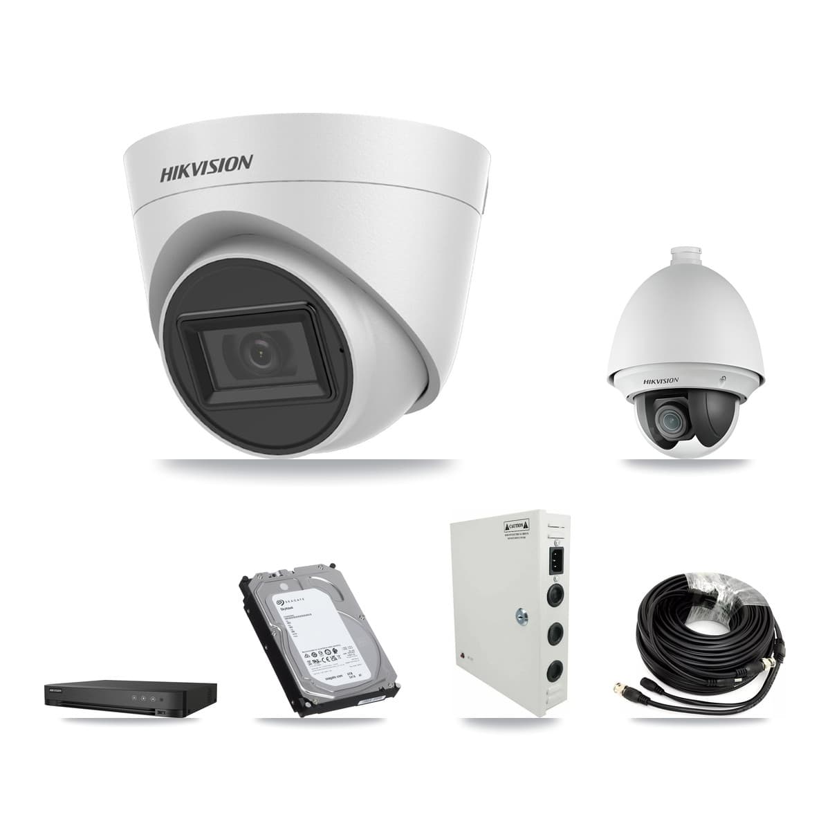 Hikvision 4-Channel 2MP – 5MP CCTV Kit — 1 2MP PTZ + 3 White 5MP Turret Cameras + 6TB Recording (IDS-7204HQHI Recorder)